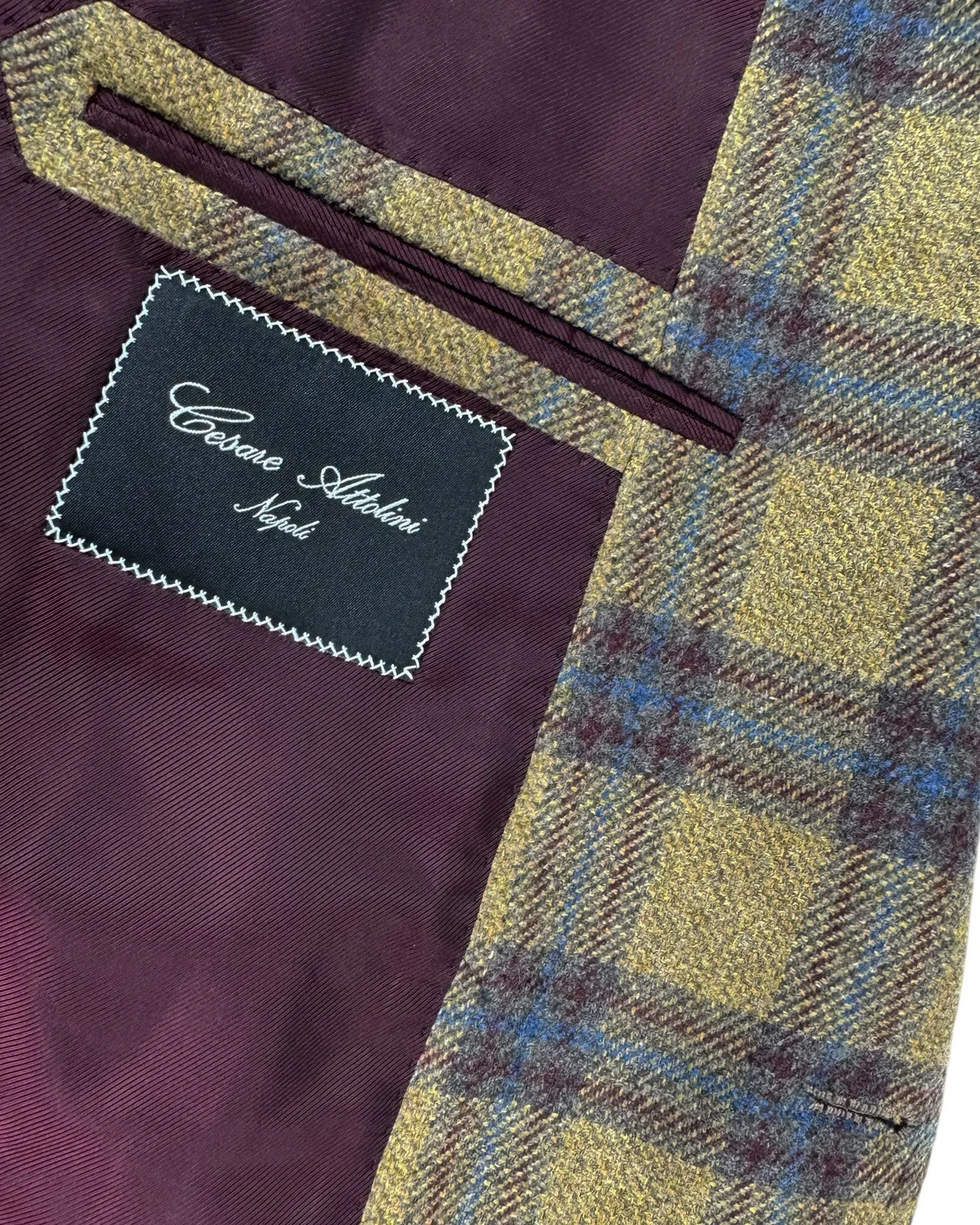 Cesare Attolini Cashmere Sport Coat Brown Royal Blue Plaid Windowpane EU 48/ US 38