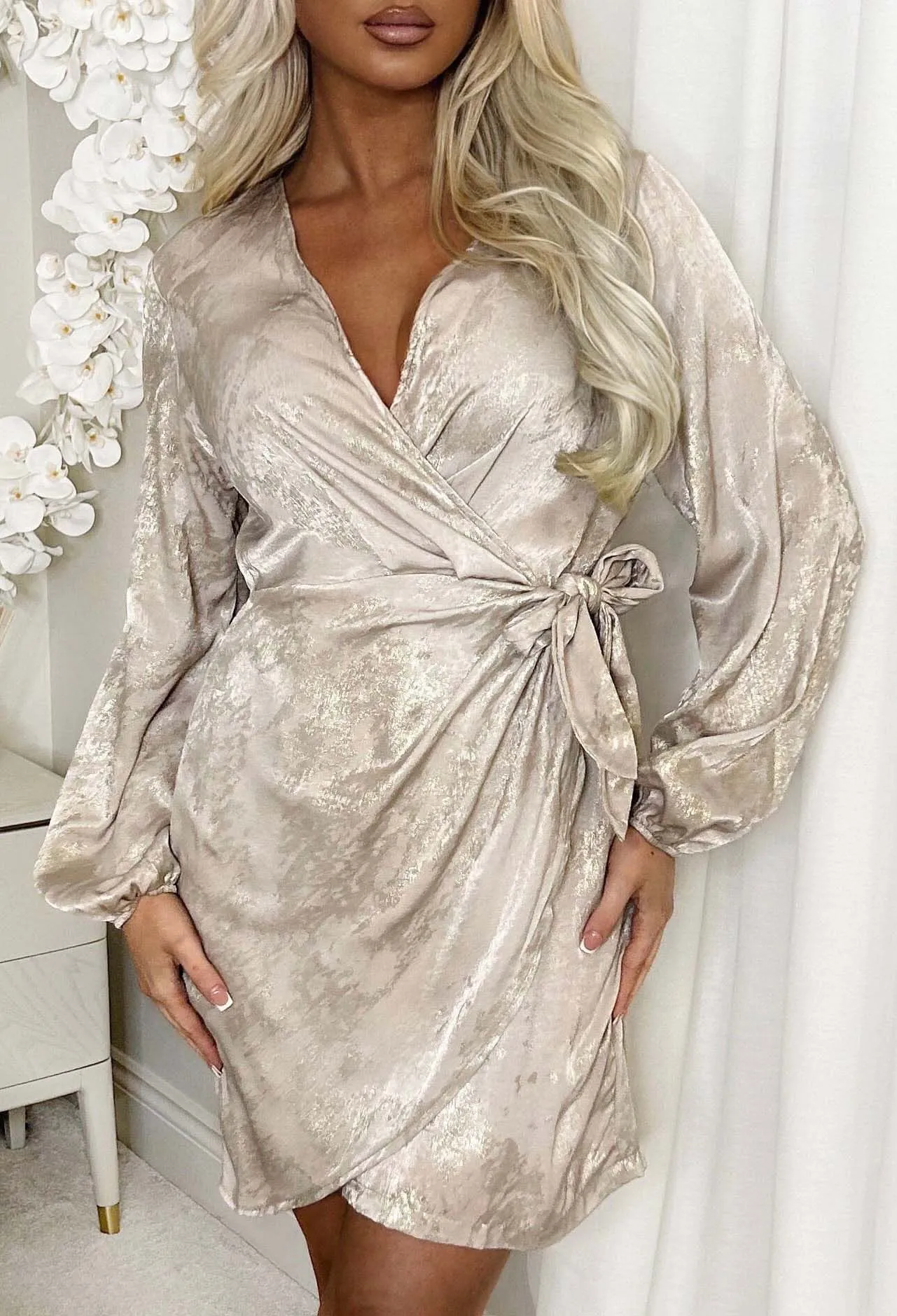 Champagne Glamour Champagne Metallic Long Sleeve Wrap Dress