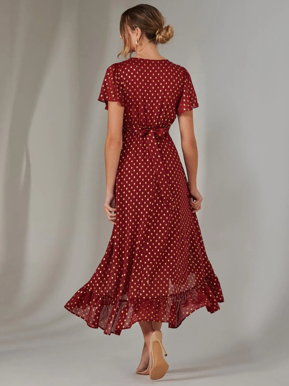 Chiffon Short Sleeve Midaxi Dress, Burgundy