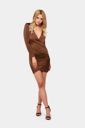 Chocolate Long Sleeve Plunge Neck Mini Dress