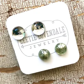 Clear Silver & Green Metallic Mercury Lucite Stud Earrings Set