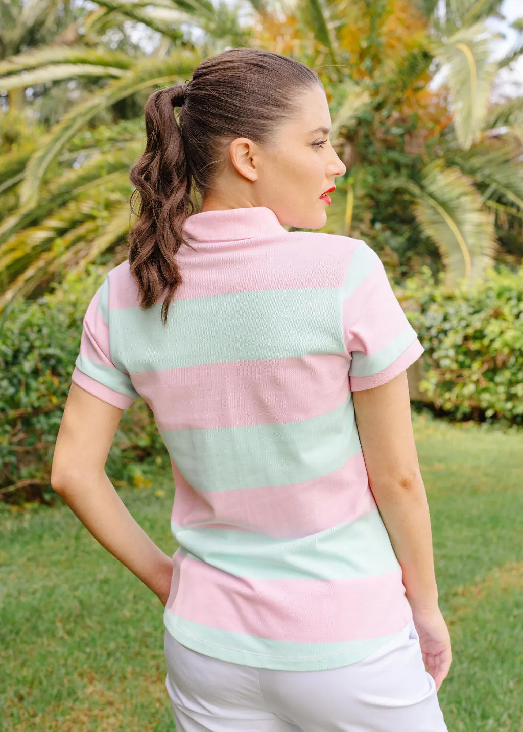 Cotton Striped Fitted Polo Pale Pink/Aqua