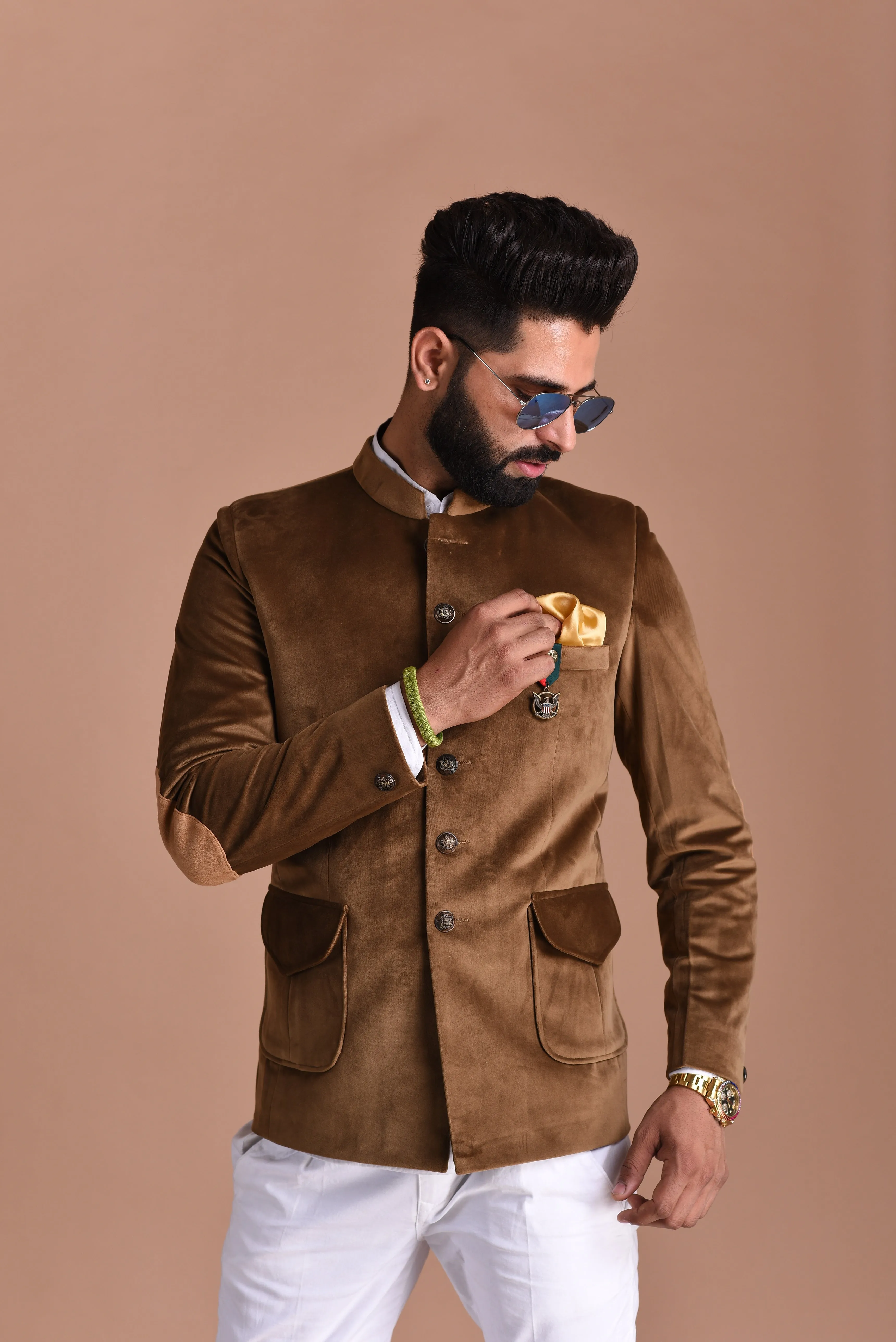 Dark Brown Color Velvet Bandhgala Blazer with White Trouser