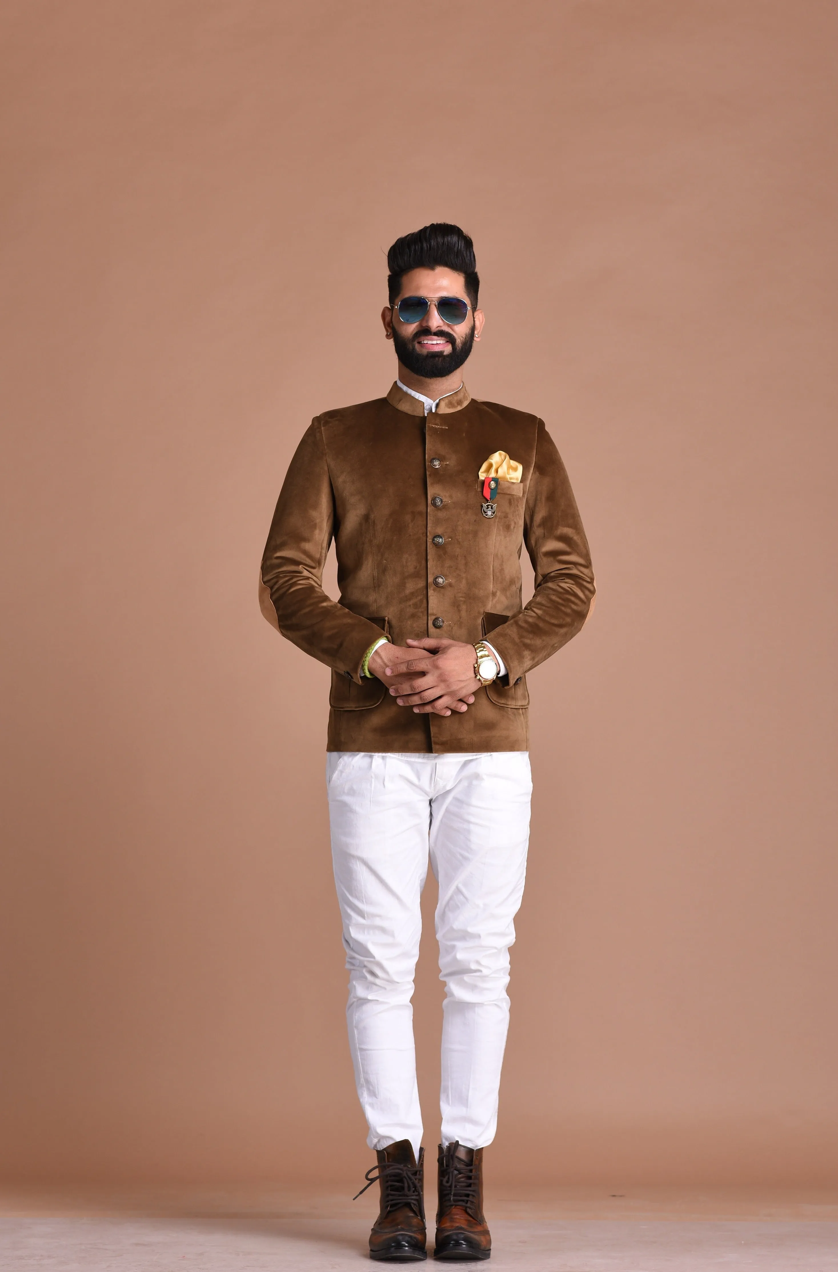 Dark Brown Color Velvet Bandhgala Blazer with White Trouser