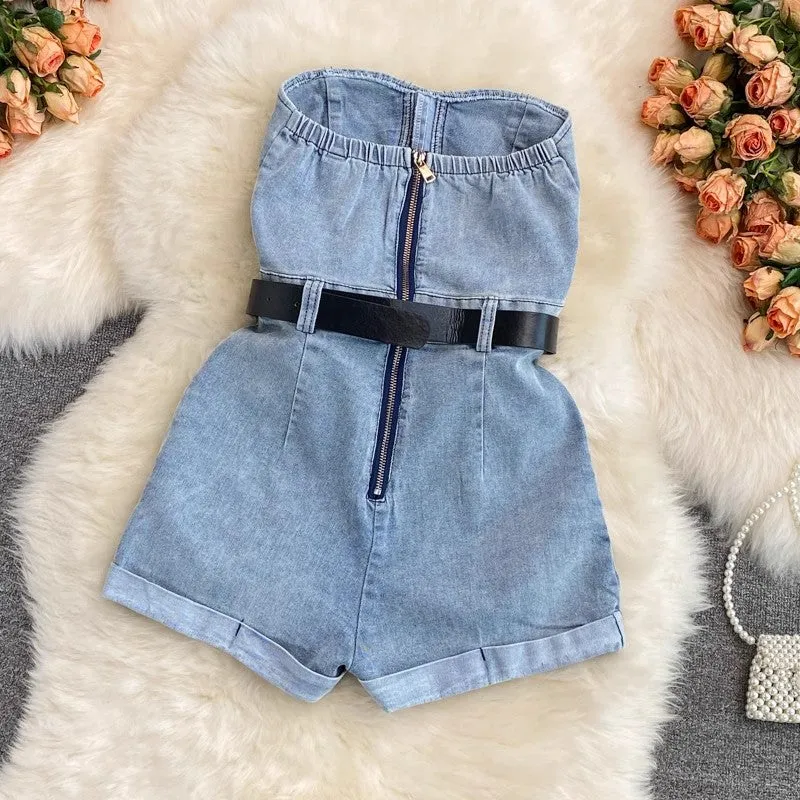 denim jumpsuit new women's casual leg pants shorts     S4247