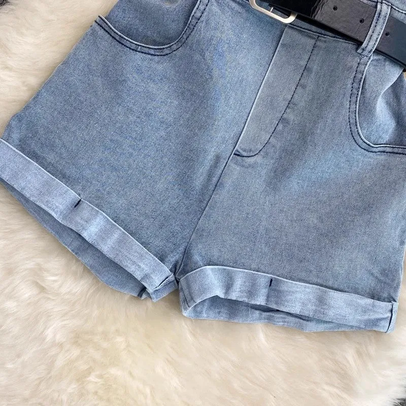 denim jumpsuit new women's casual leg pants shorts     S4247