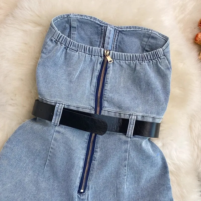 denim jumpsuit new women's casual leg pants shorts     S4247