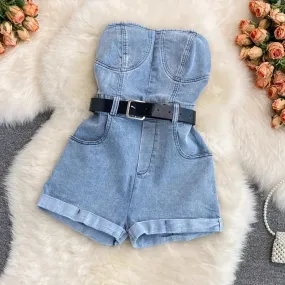 denim jumpsuit new women's casual leg pants shorts     S4247