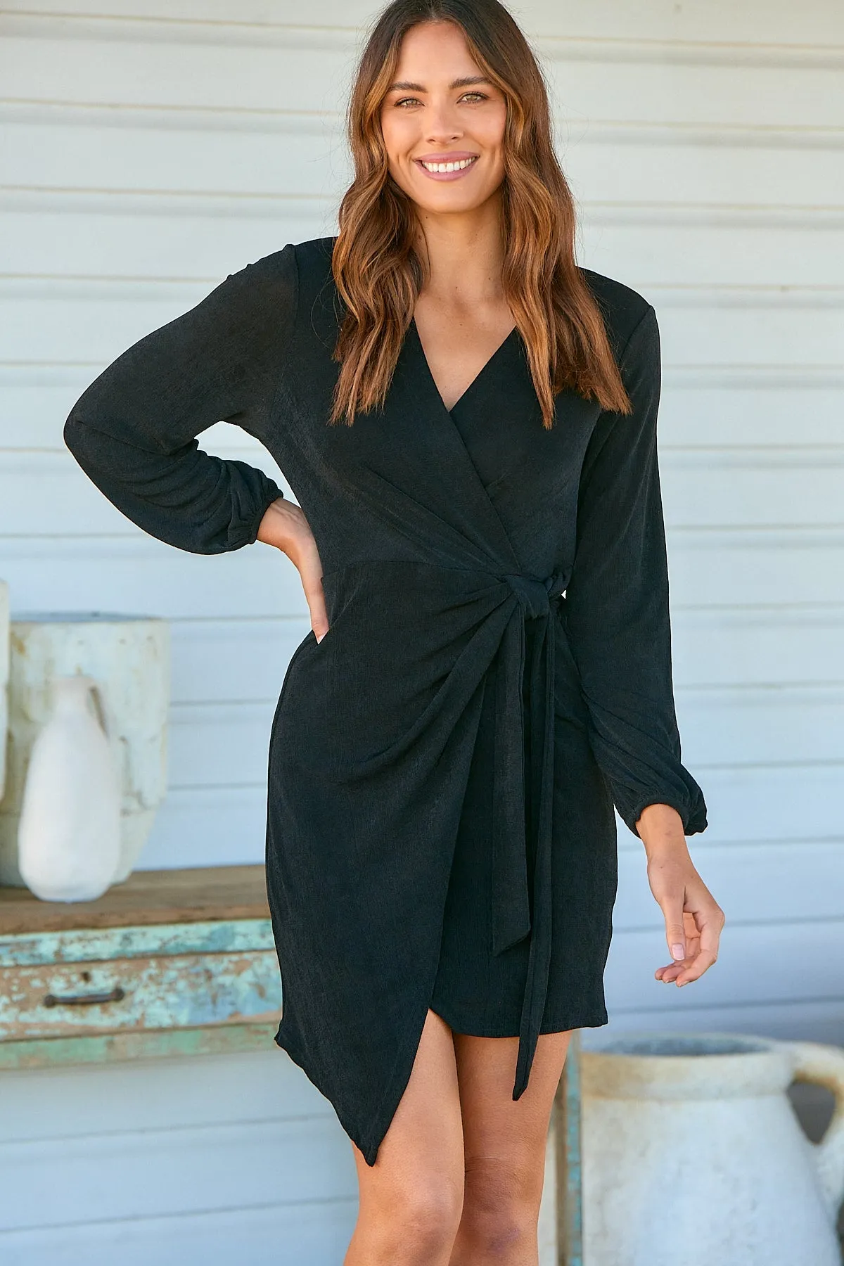 Domino Black Metallic Cross Over Tie Front Long Sleeve Dress