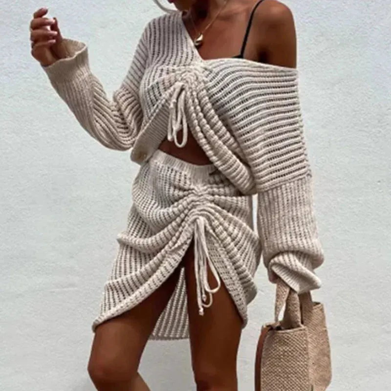 Drawstring Beach Knit Women Solid Navel Long Sleeve Pullover Mini Skirt Asymmetric Sexy Set