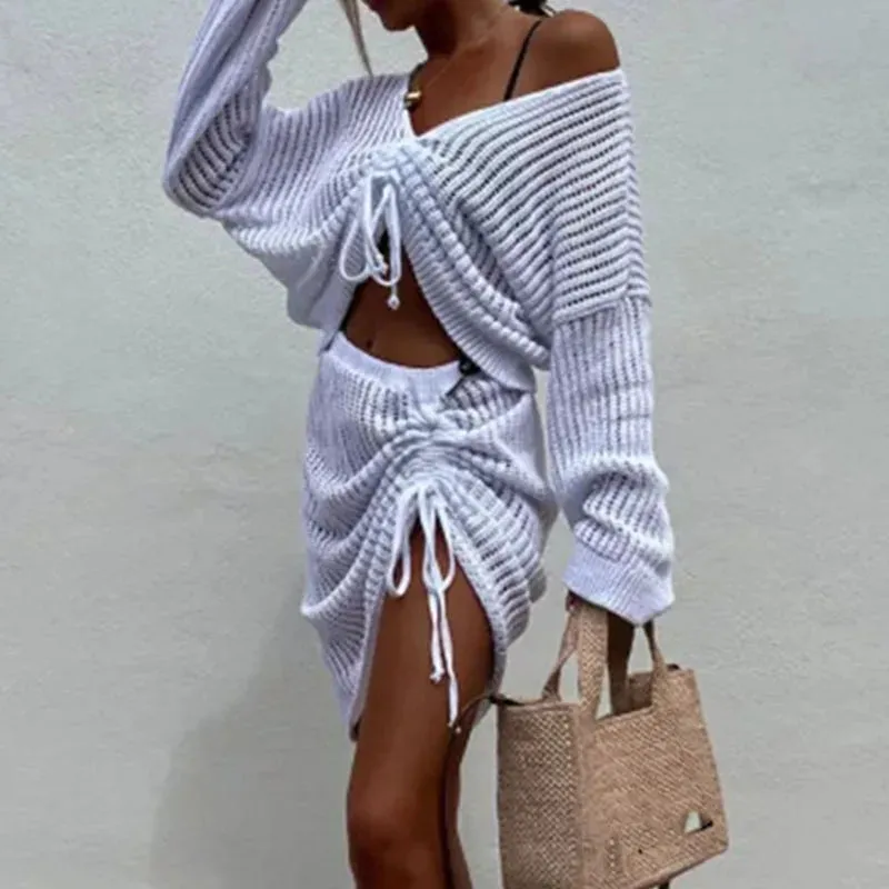 Drawstring Beach Knit Women Solid Navel Long Sleeve Pullover Mini Skirt Asymmetric Sexy Set