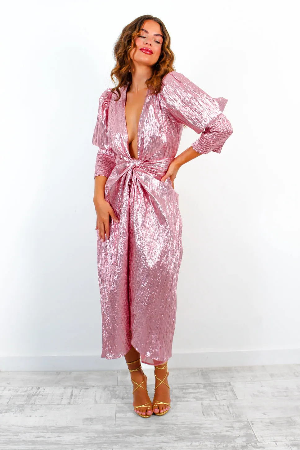 Drive Em Wild - Metallic Pink Wrap Midi Dress