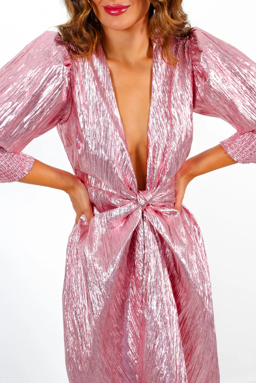 Drive Em Wild - Metallic Pink Wrap Midi Dress