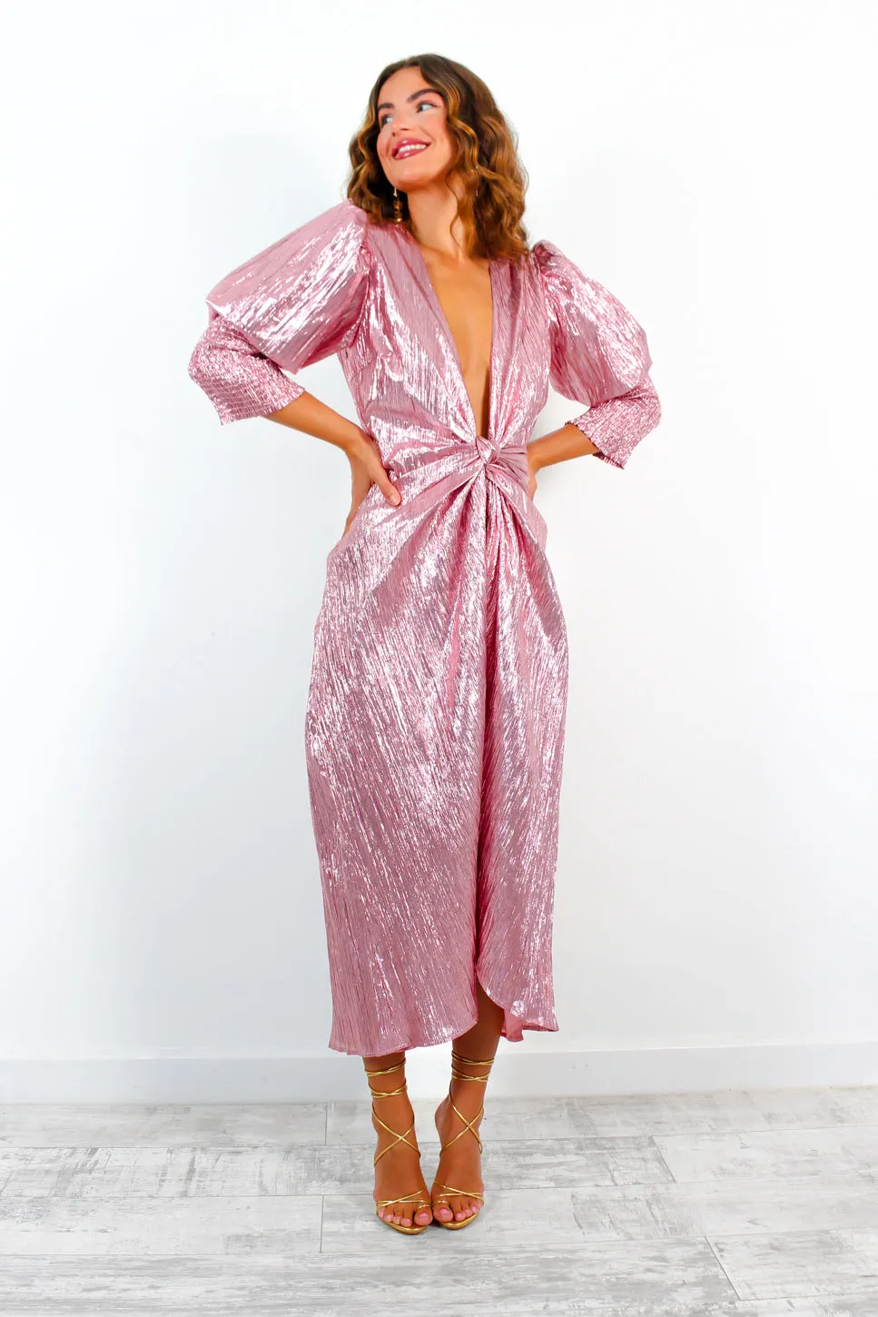 Drive Em Wild - Metallic Pink Wrap Midi Dress