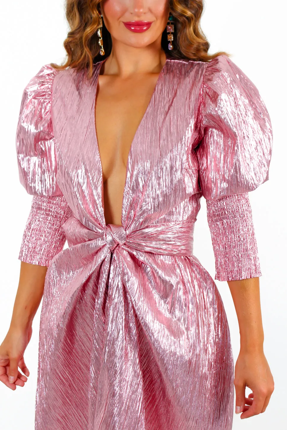 Drive Em Wild - Metallic Pink Wrap Midi Dress