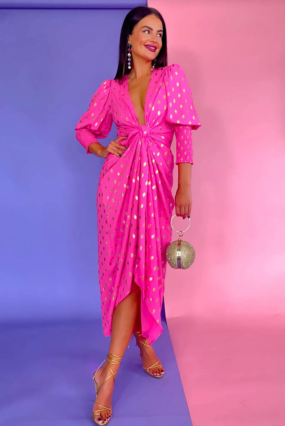 Drive Em Wild - Pink Gold Foil Midi Wrap Dress