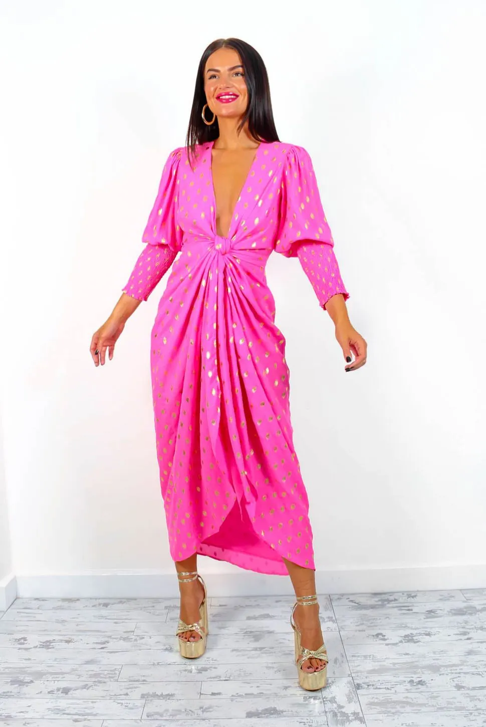 Drive Em Wild - Pink Gold Foil Midi Wrap Dress