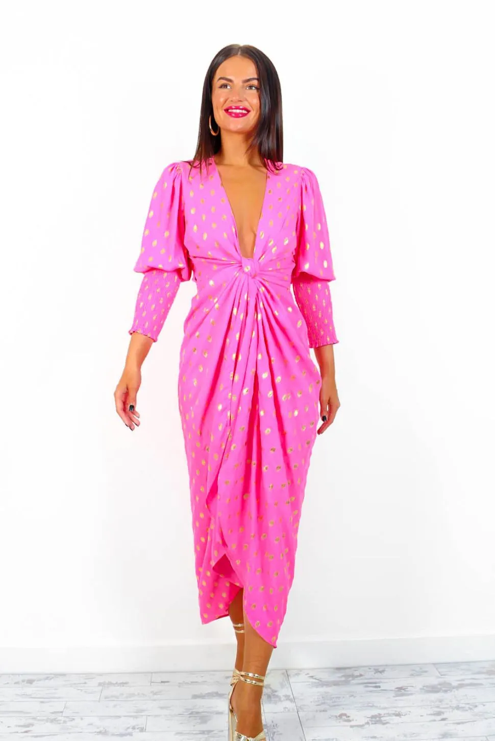 Drive Em Wild - Pink Gold Foil Midi Wrap Dress