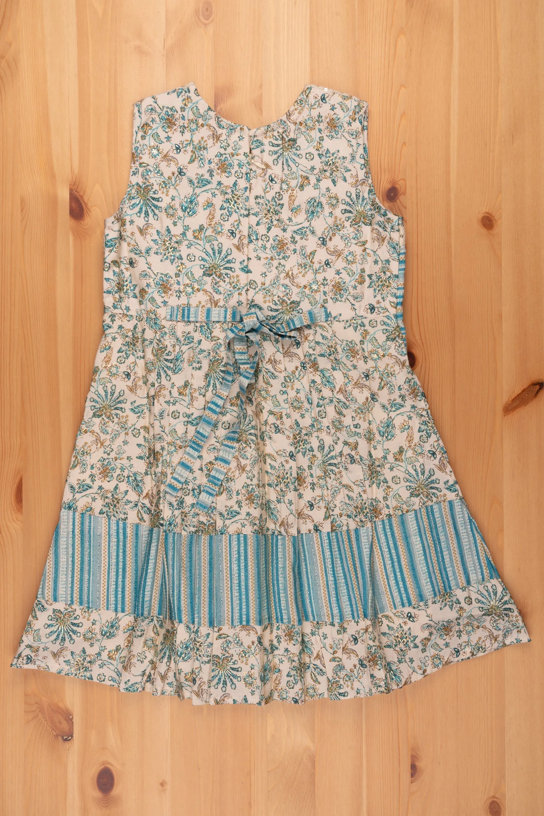 Elegant Half White Floral Pleated Frock with Blue Overcoat - Girls Stylish Dress