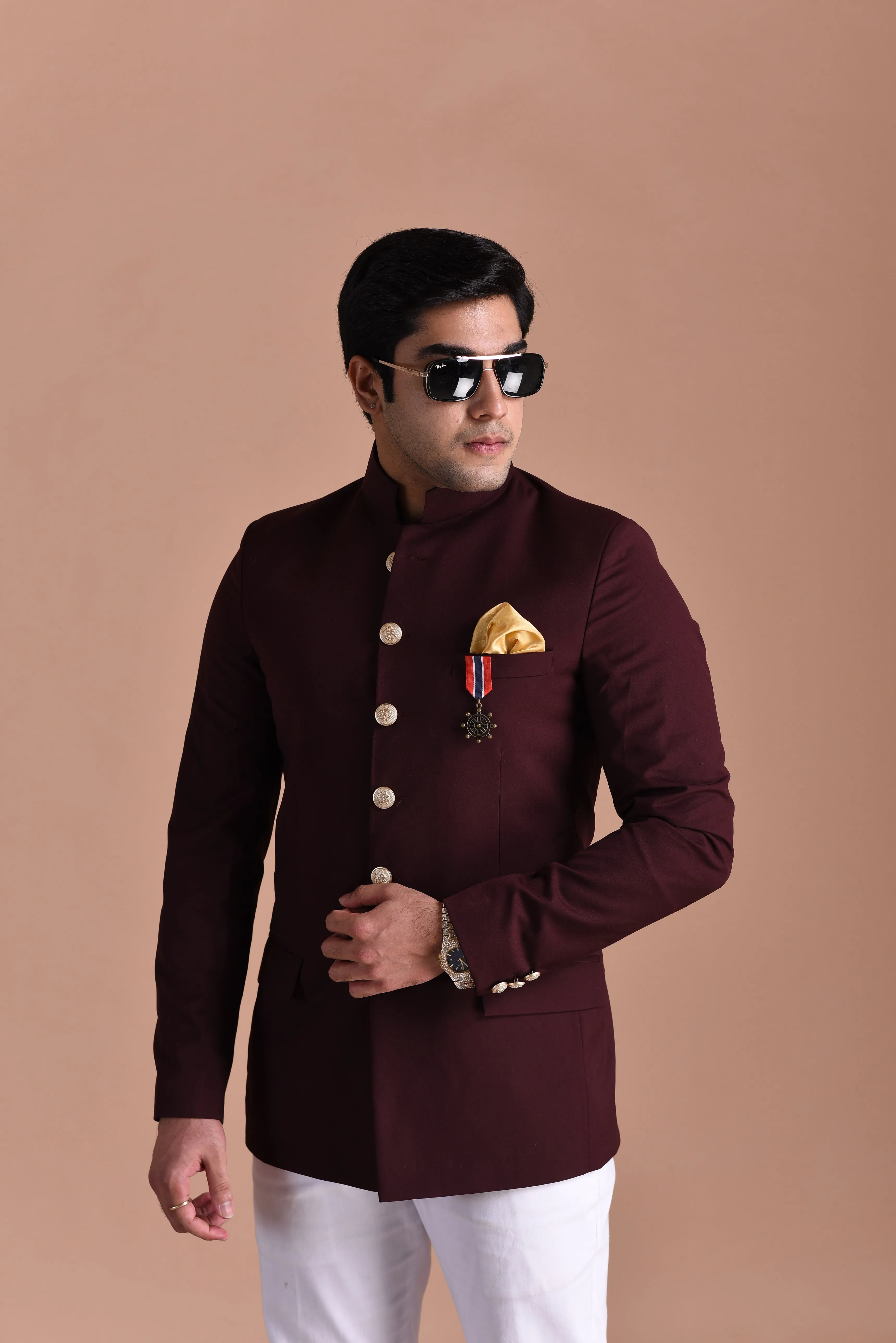 Elegant Wine Jodhpuri Bandhgala  with White Trouser| Partywear for Grooms and Friends | Wedding Functions | Open Lawn Party