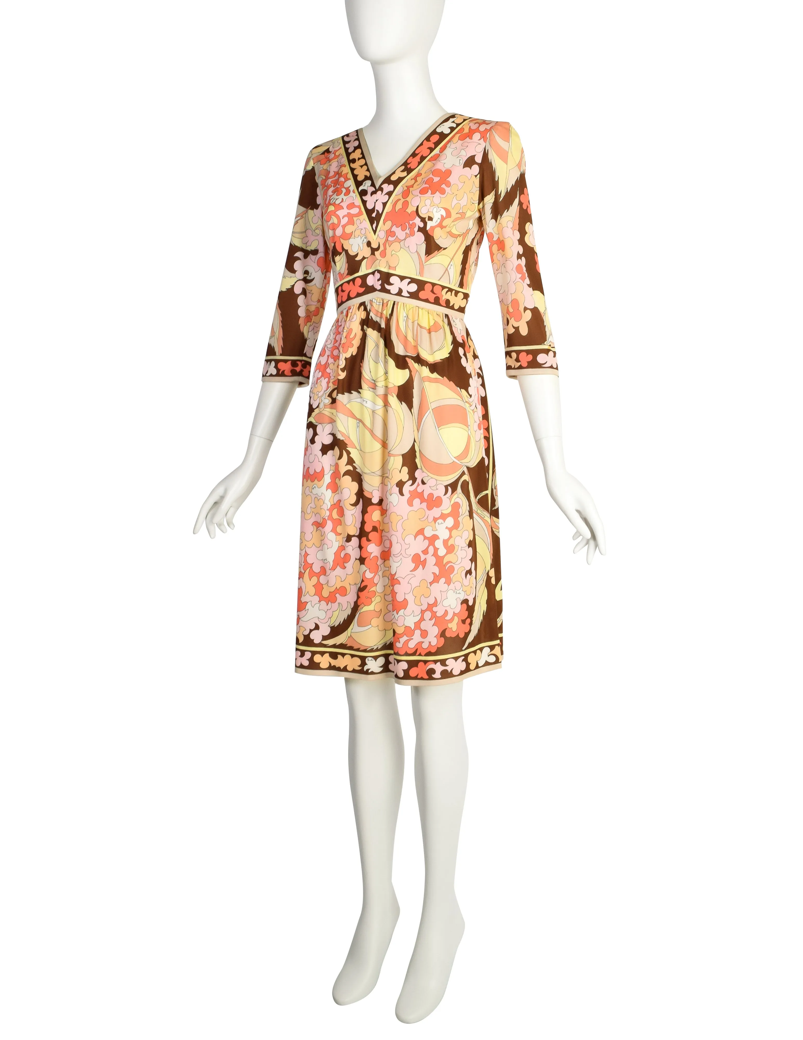 Emilio Pucci Vintage 1960s Pink Yellow Brown Pastel Floral Silk Jersey Mini Dress