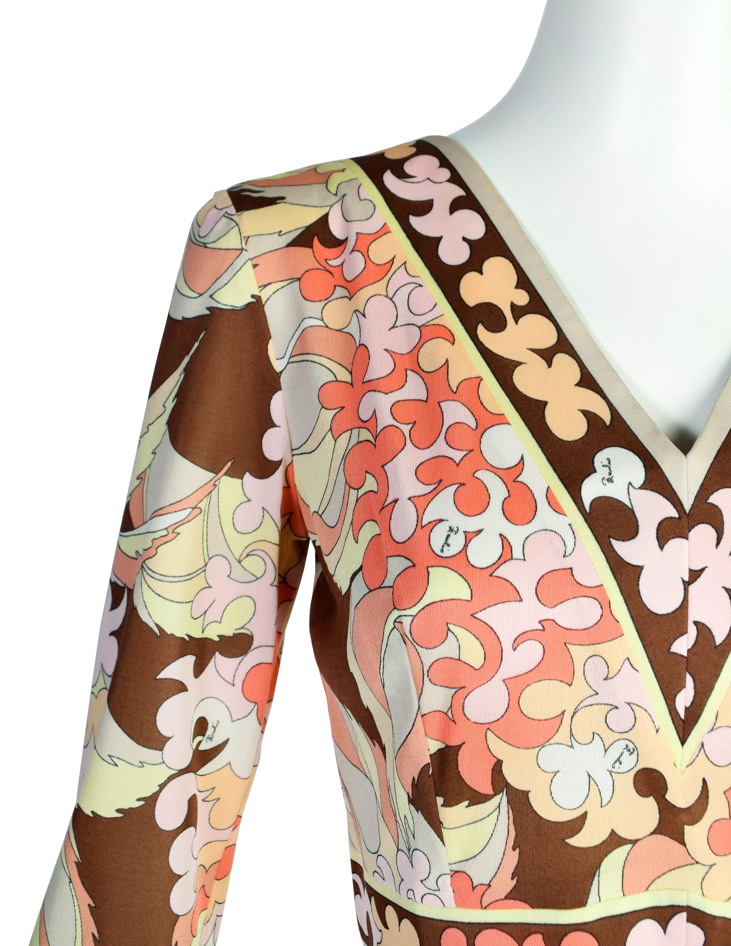 Emilio Pucci Vintage 1960s Pink Yellow Brown Pastel Floral Silk Jersey Mini Dress