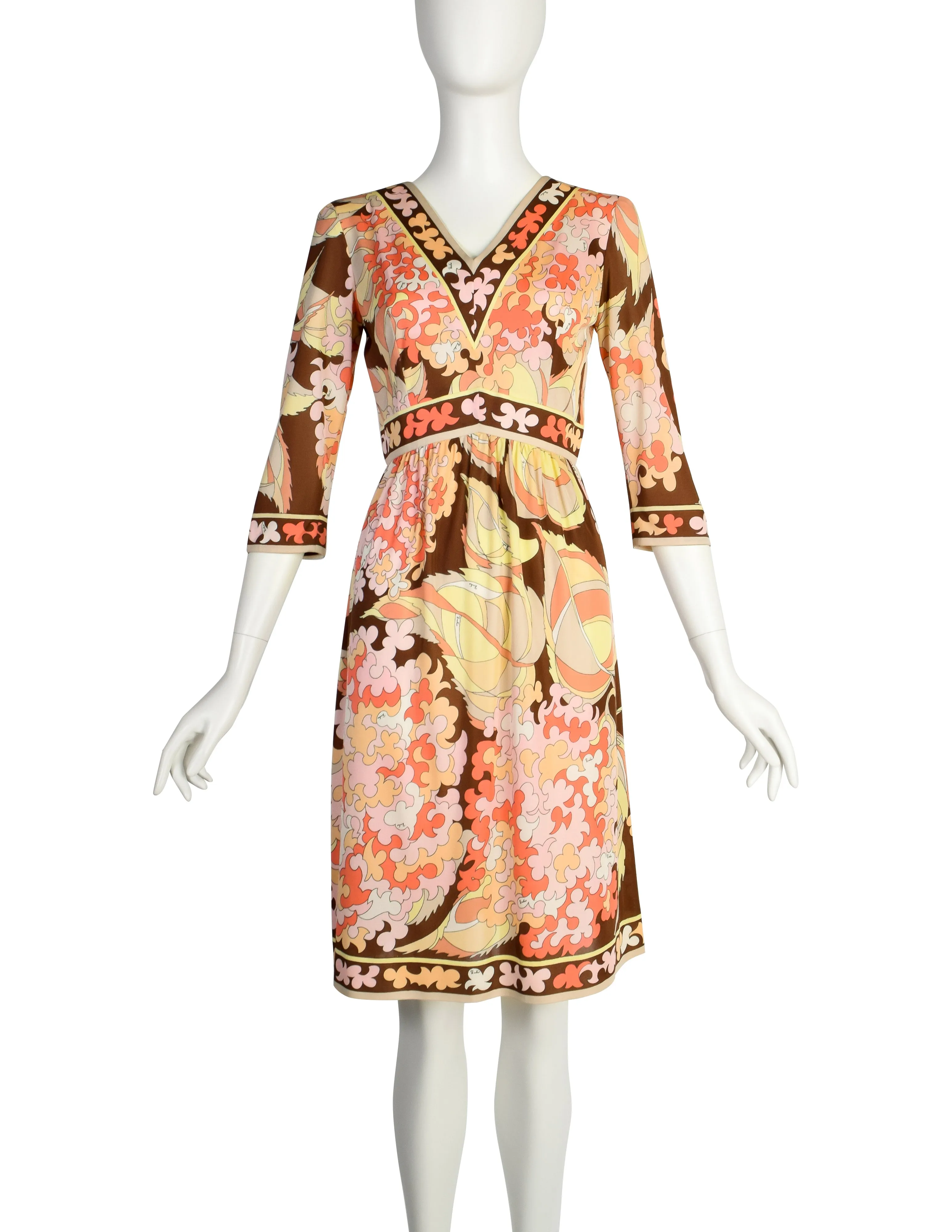 Emilio Pucci Vintage 1960s Pink Yellow Brown Pastel Floral Silk Jersey Mini Dress