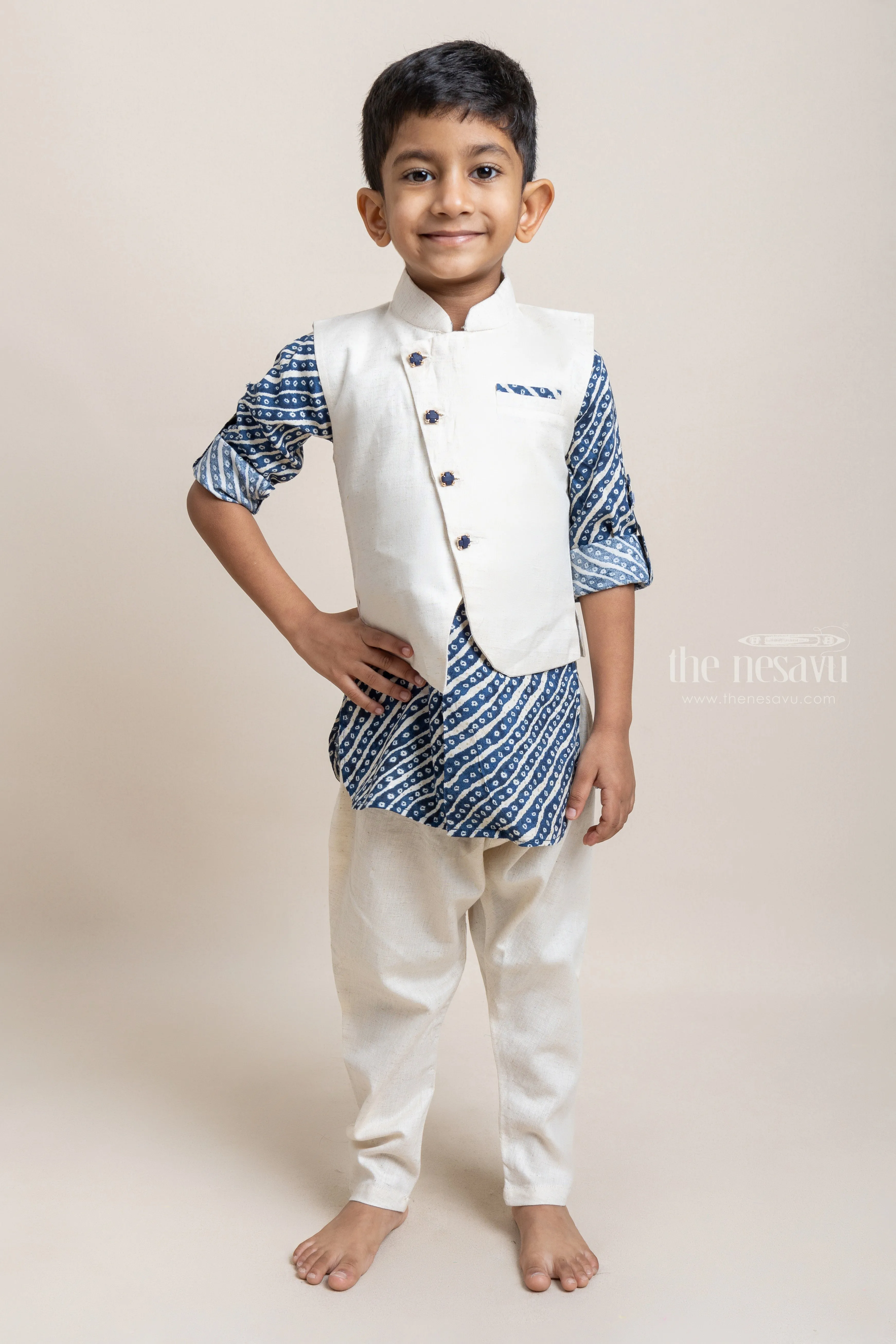 Fashionable Navy Blue Stripes Printed Kurta And Pant With Beige Over Coat For Boys