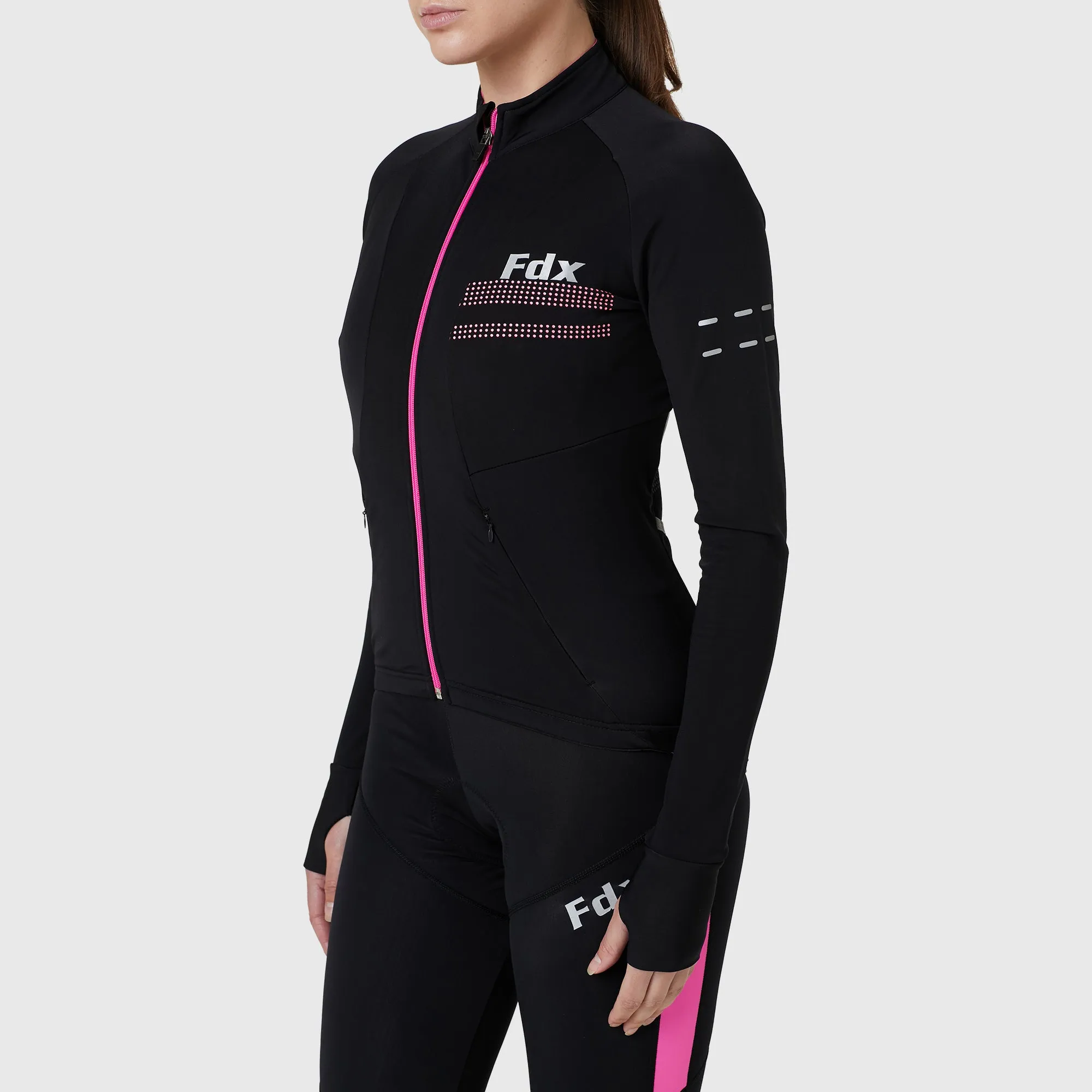 Fdx Women's & Girl's Set Arch Thermal Roubaix Long Sleeve Cycling Jersey & Cargo Bib Tights - Pink