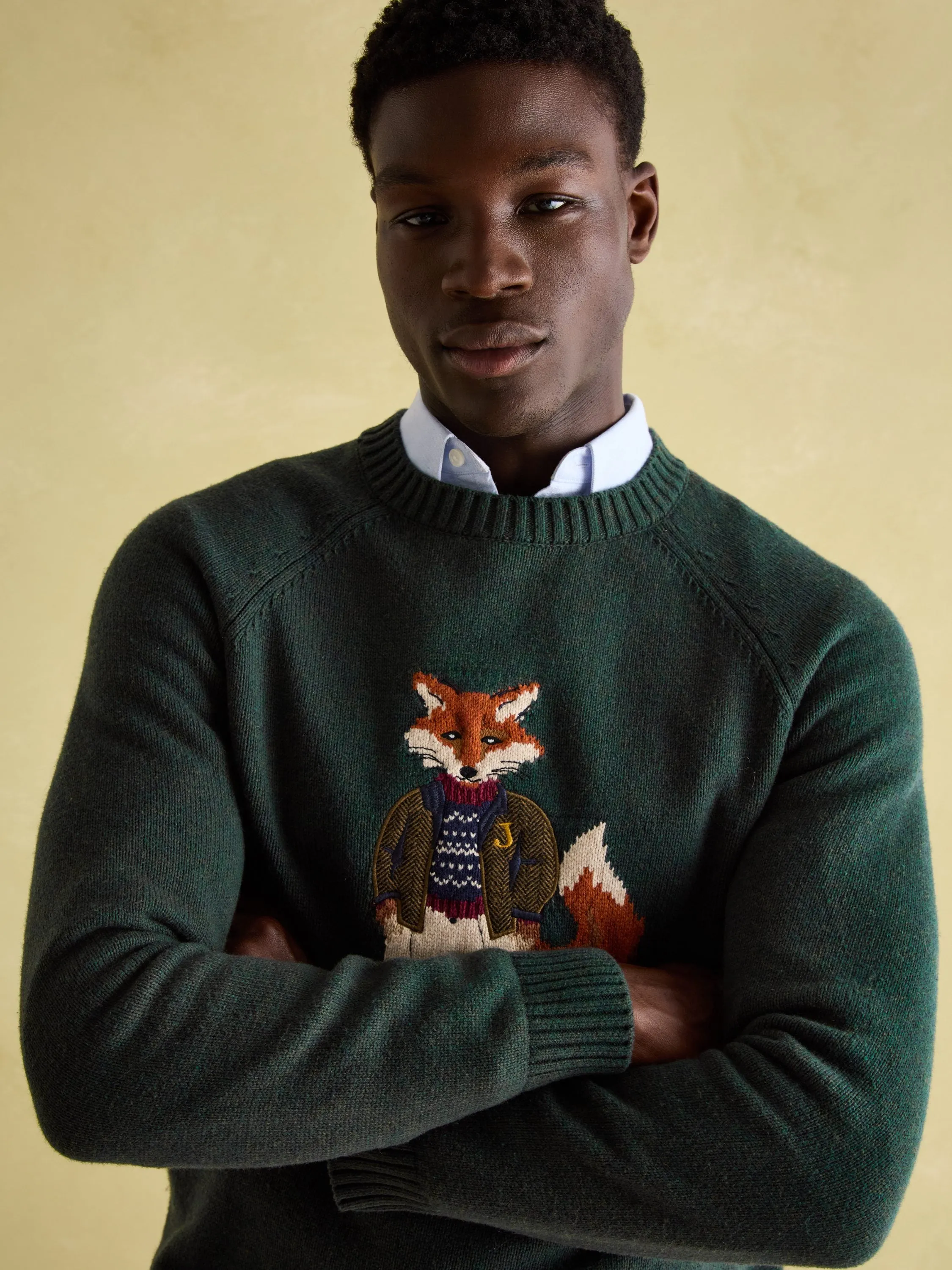 Fenton Fox Green Intarsia Crew Knit Jumper