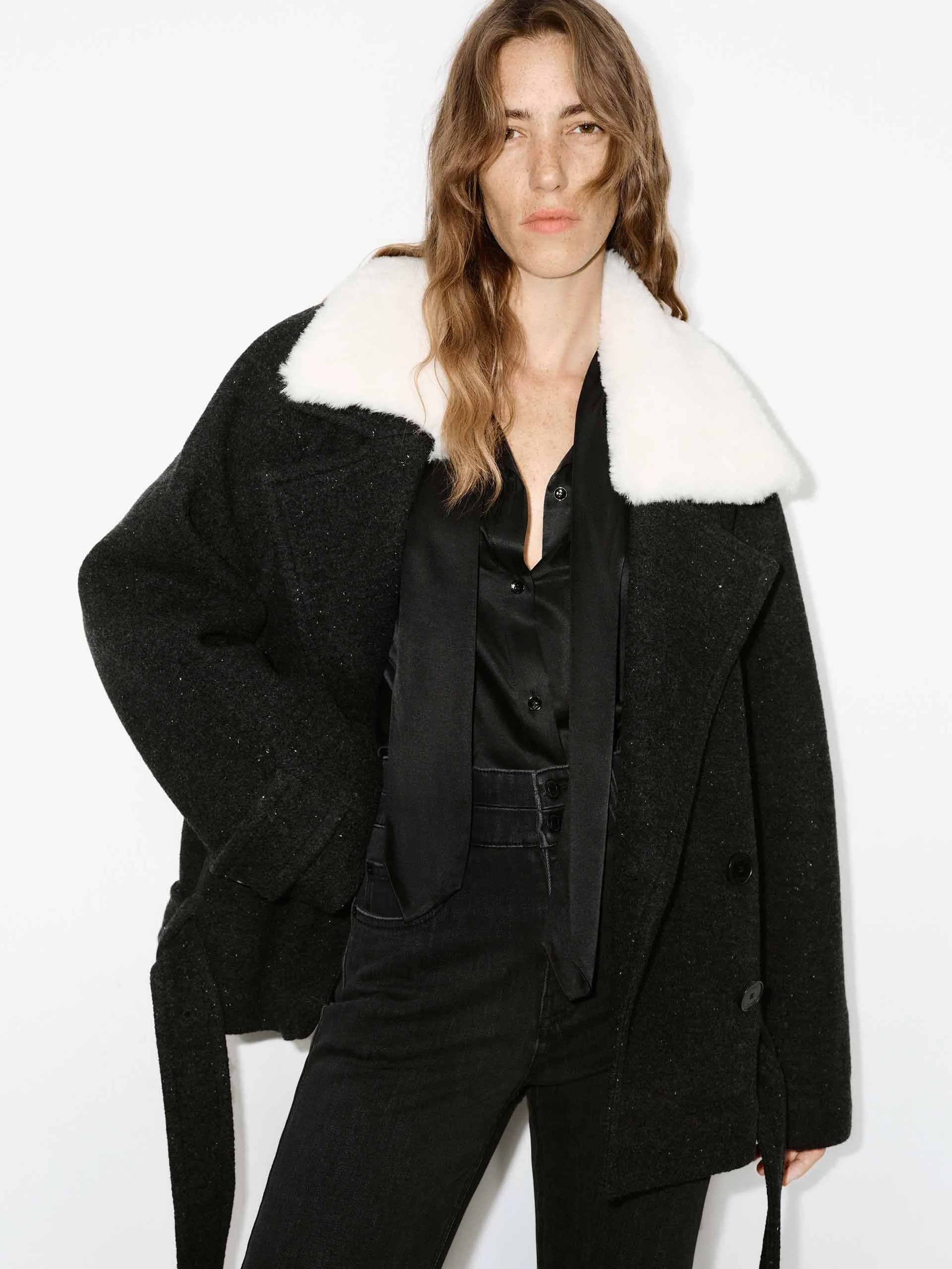 Fur Collar Quilted Coat with Belt