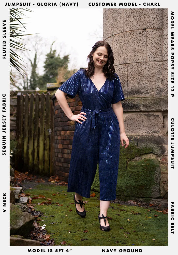 Gloria Navy Sequin Culotte Leg Jumpsuit