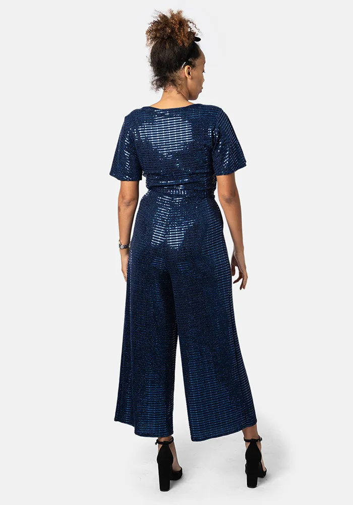 Gloria Navy Sequin Culotte Leg Jumpsuit