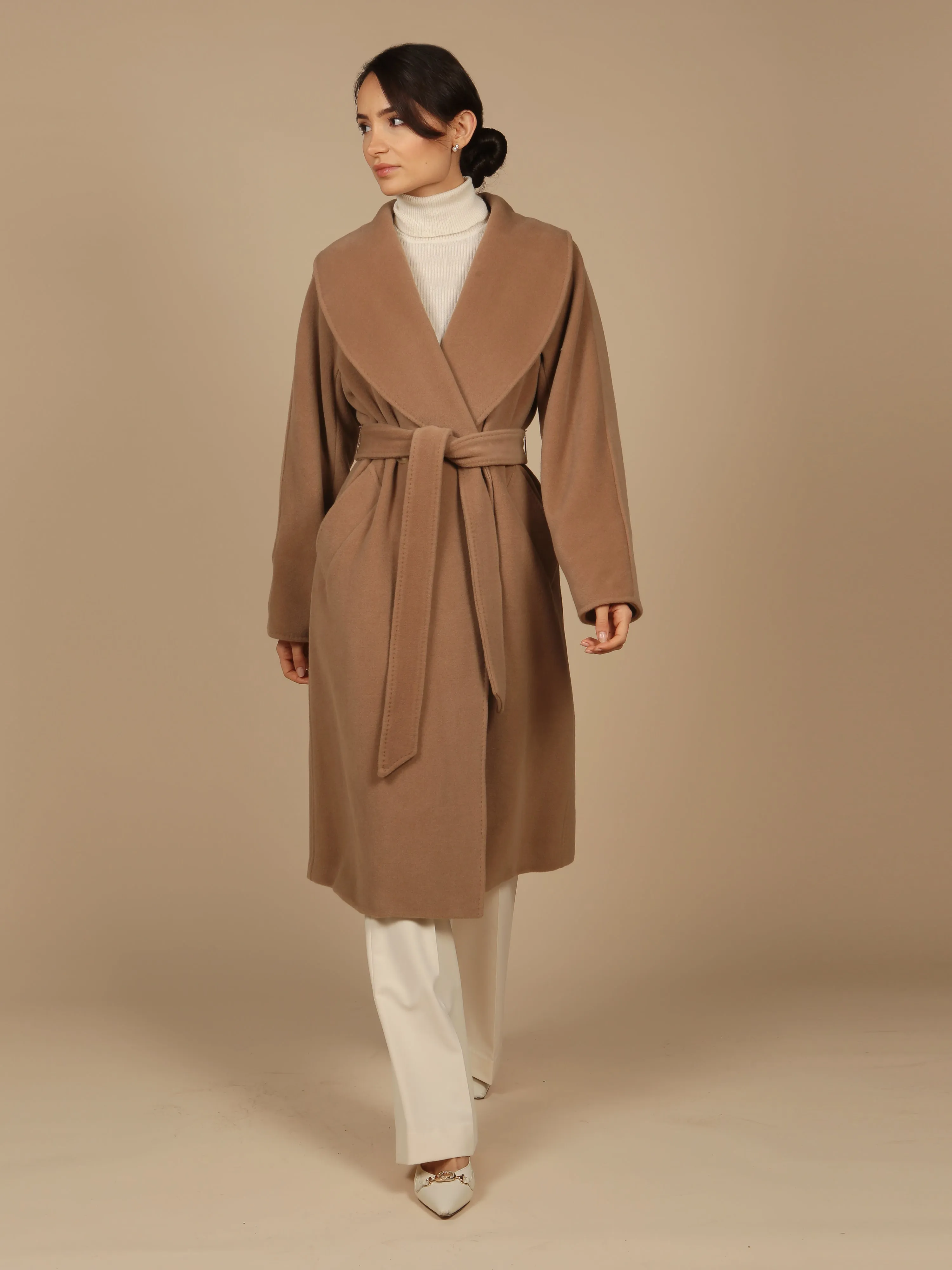 'Hepburn' Italian Virgin Wool and Cashmere Coat  in Marrone