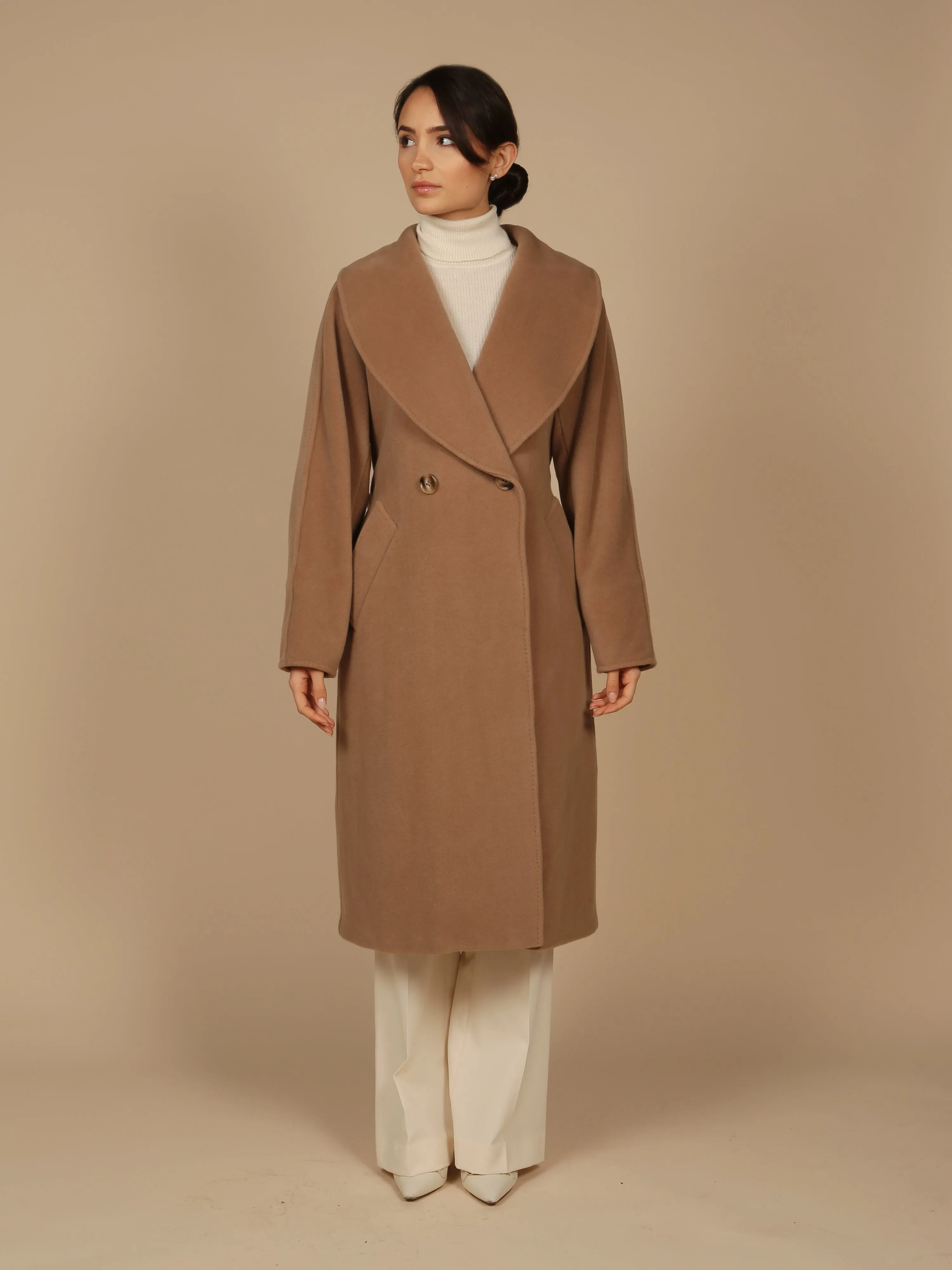 'Hepburn' Italian Virgin Wool and Cashmere Coat  in Marrone