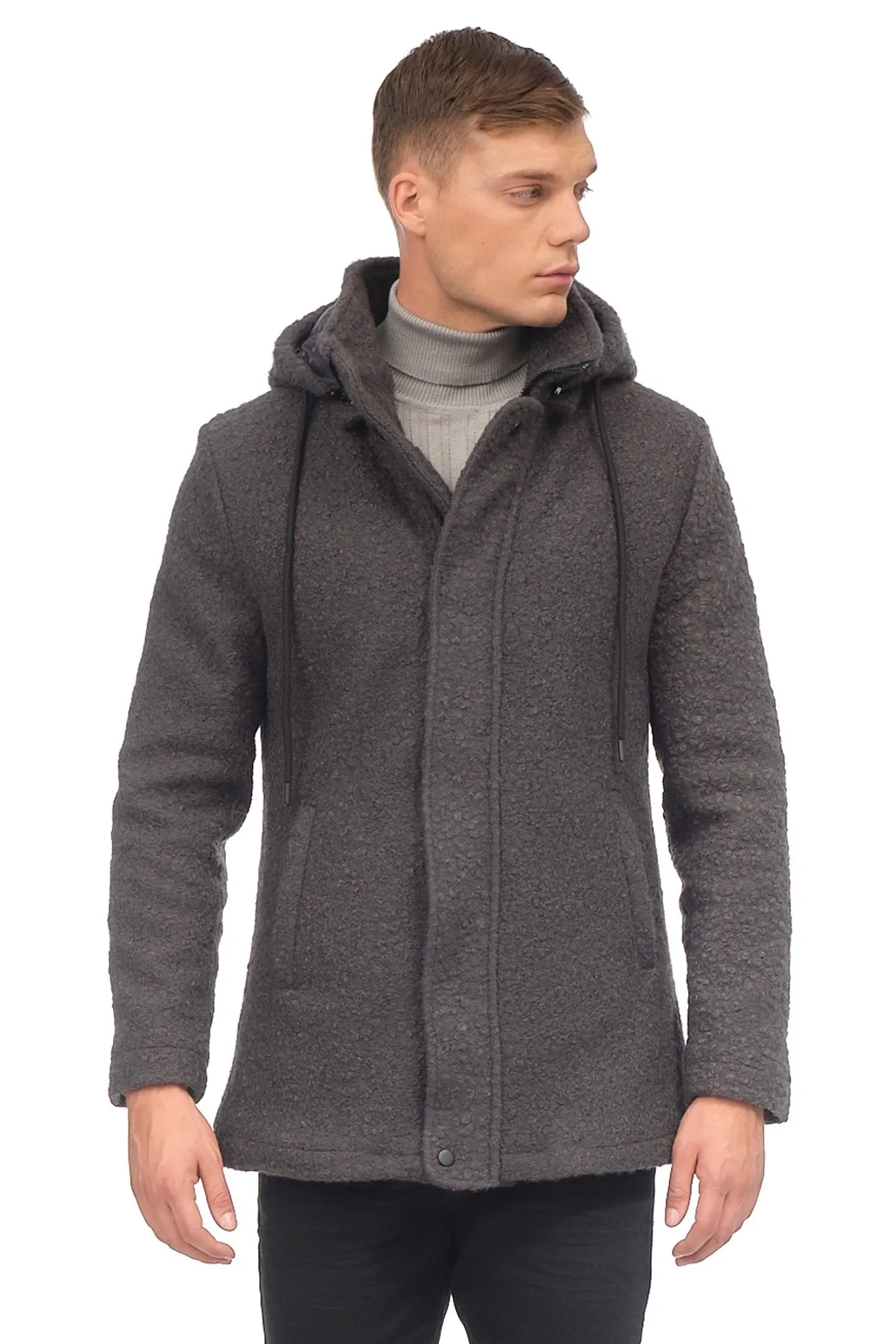 Hooded Boucle Coat - Anthracite