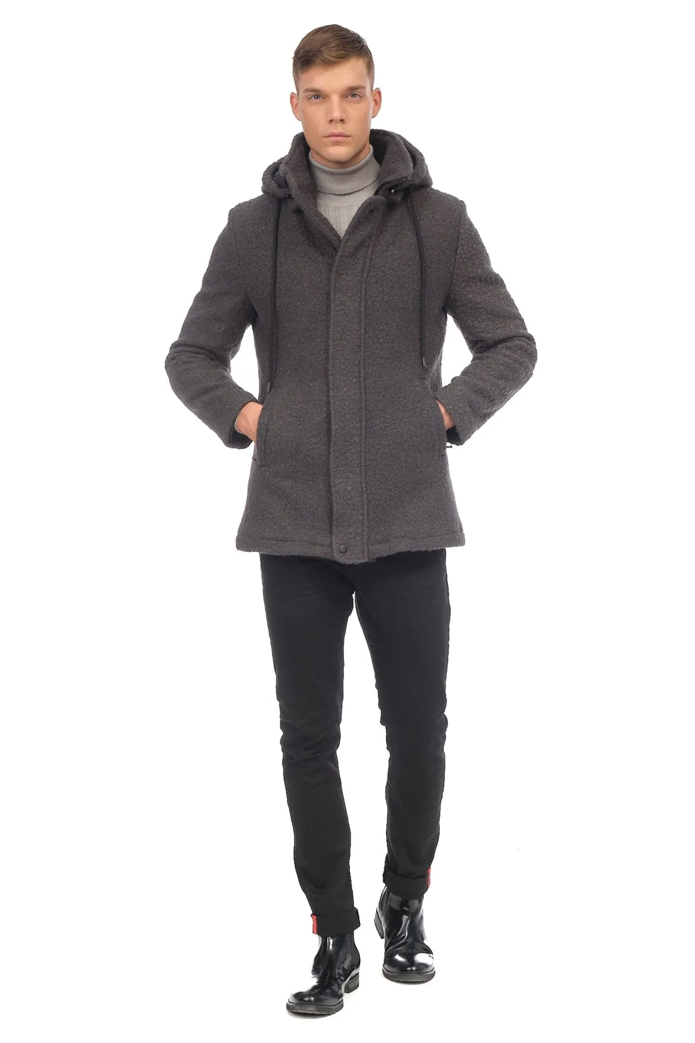 Hooded Boucle Coat - Anthracite