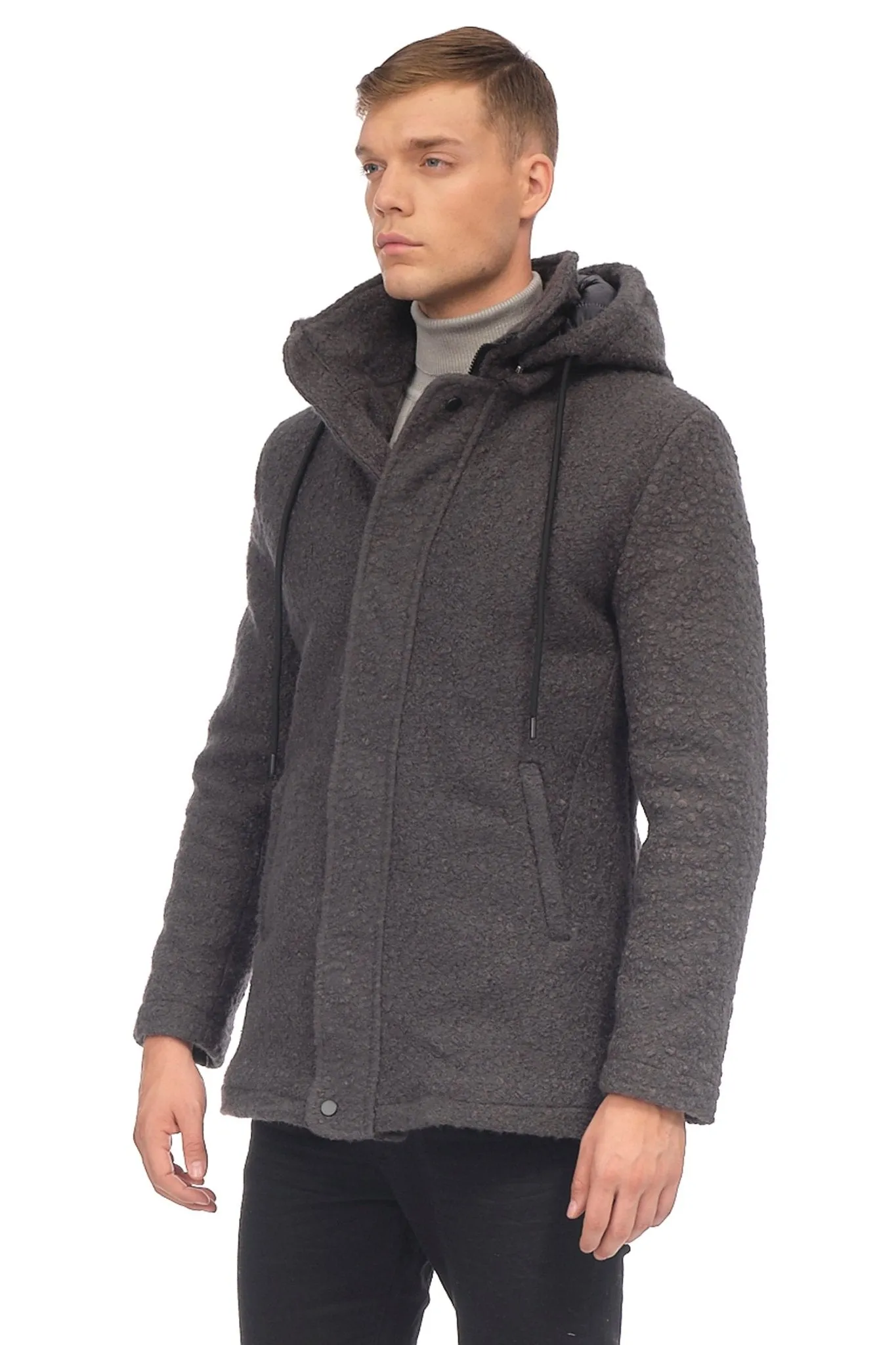 Hooded Boucle Coat - Anthracite