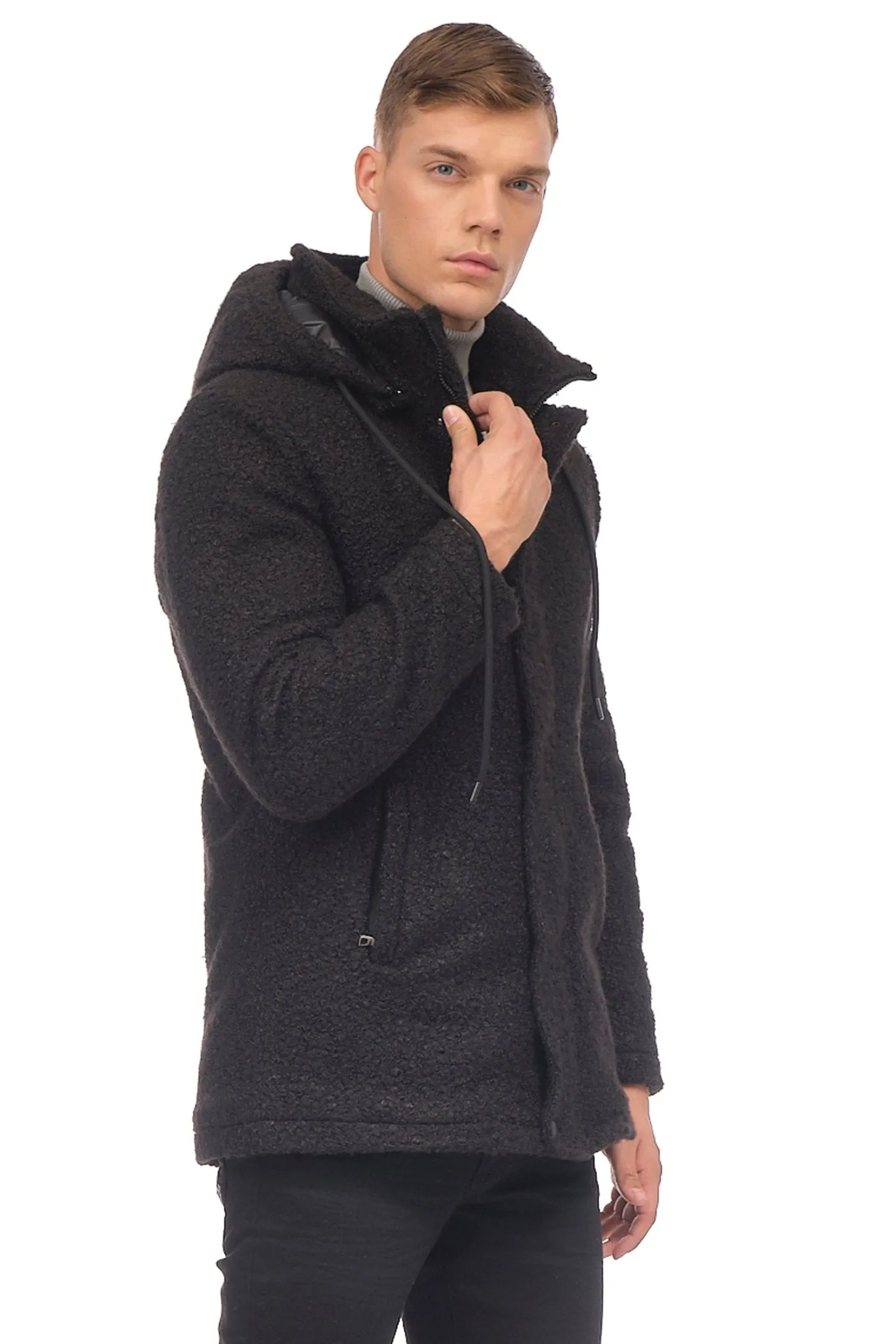 Hooded Boucle Coat - Black