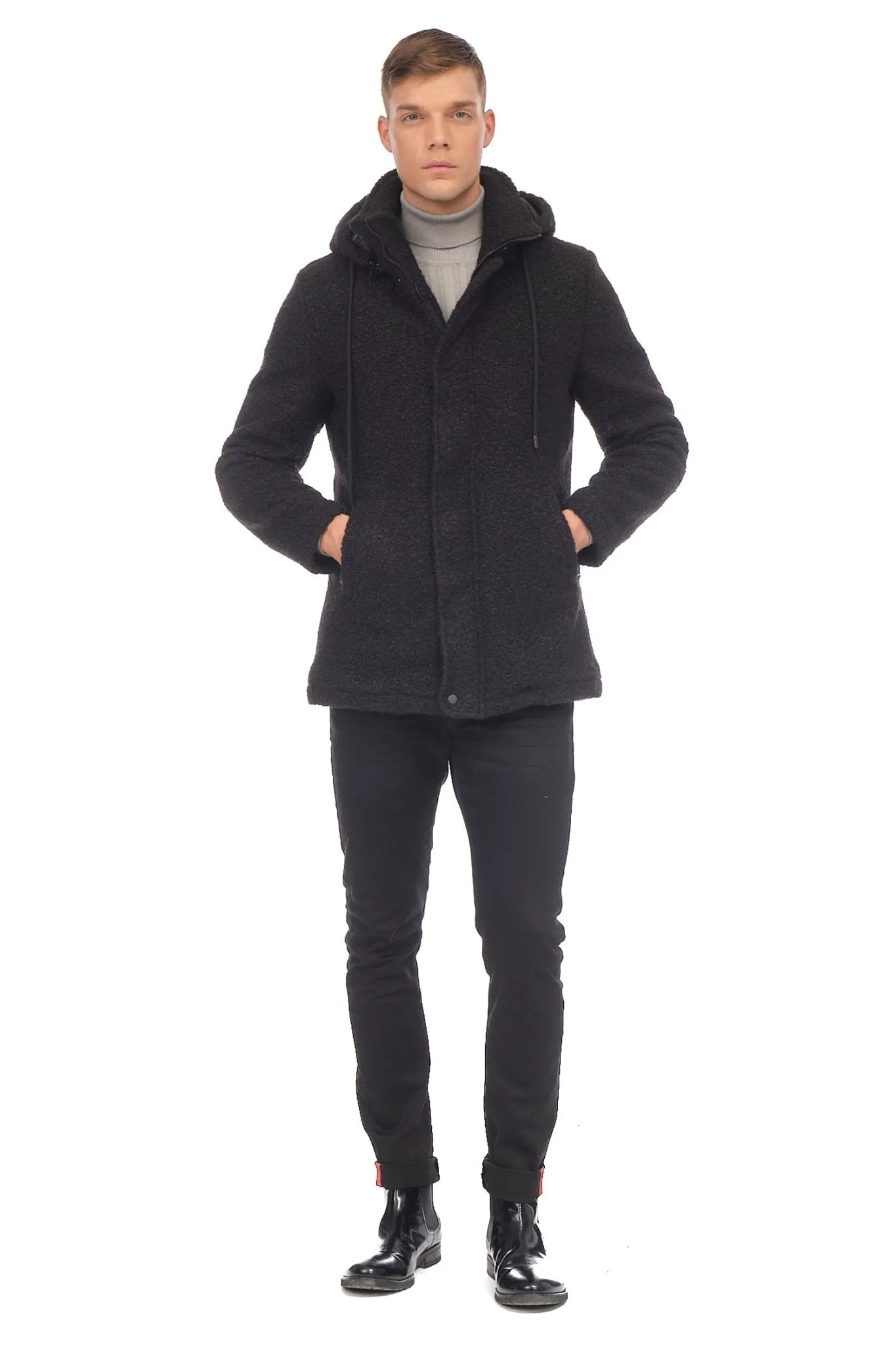 Hooded Boucle Coat - Black