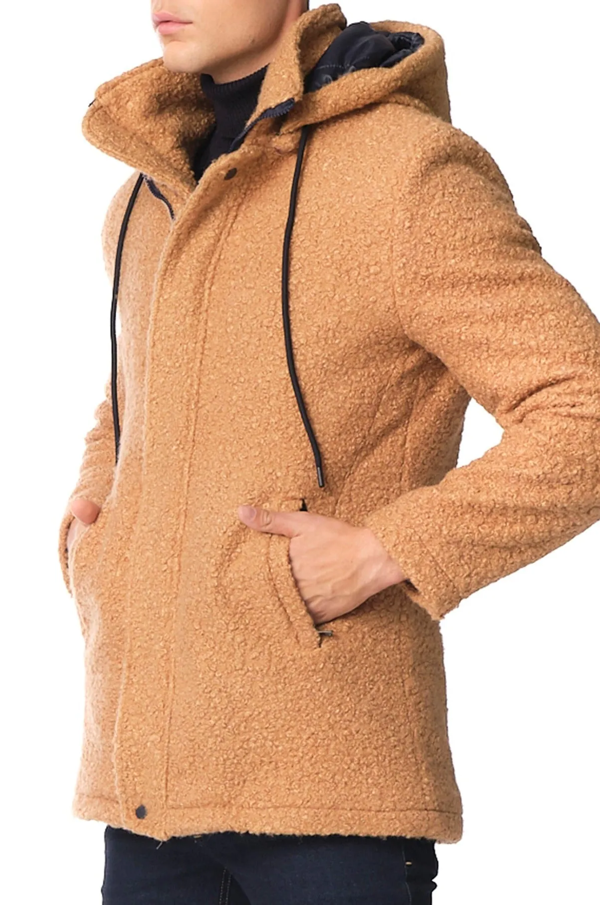 Hooded Boucle Coat - Camel