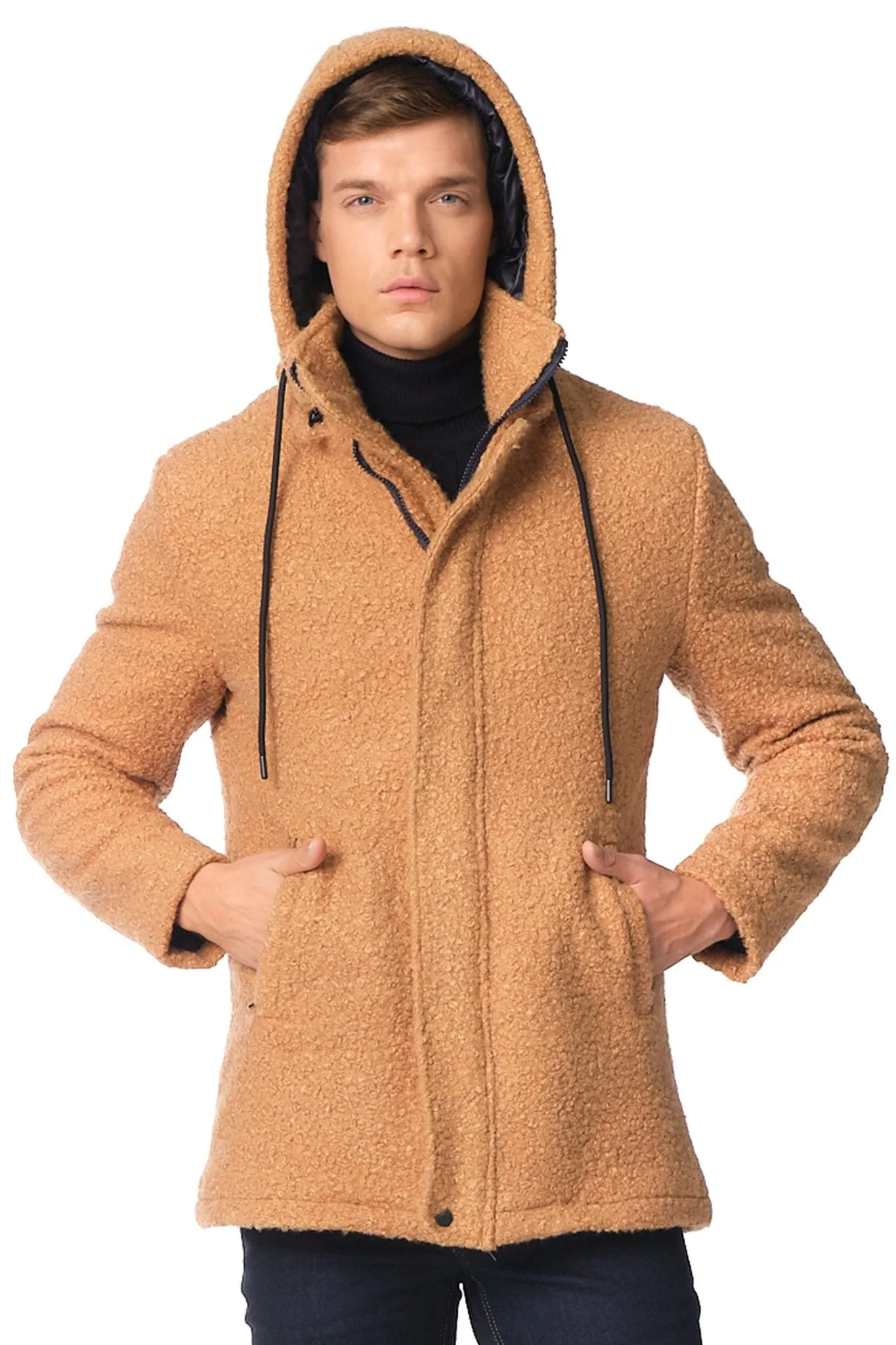 Hooded Boucle Coat - Camel