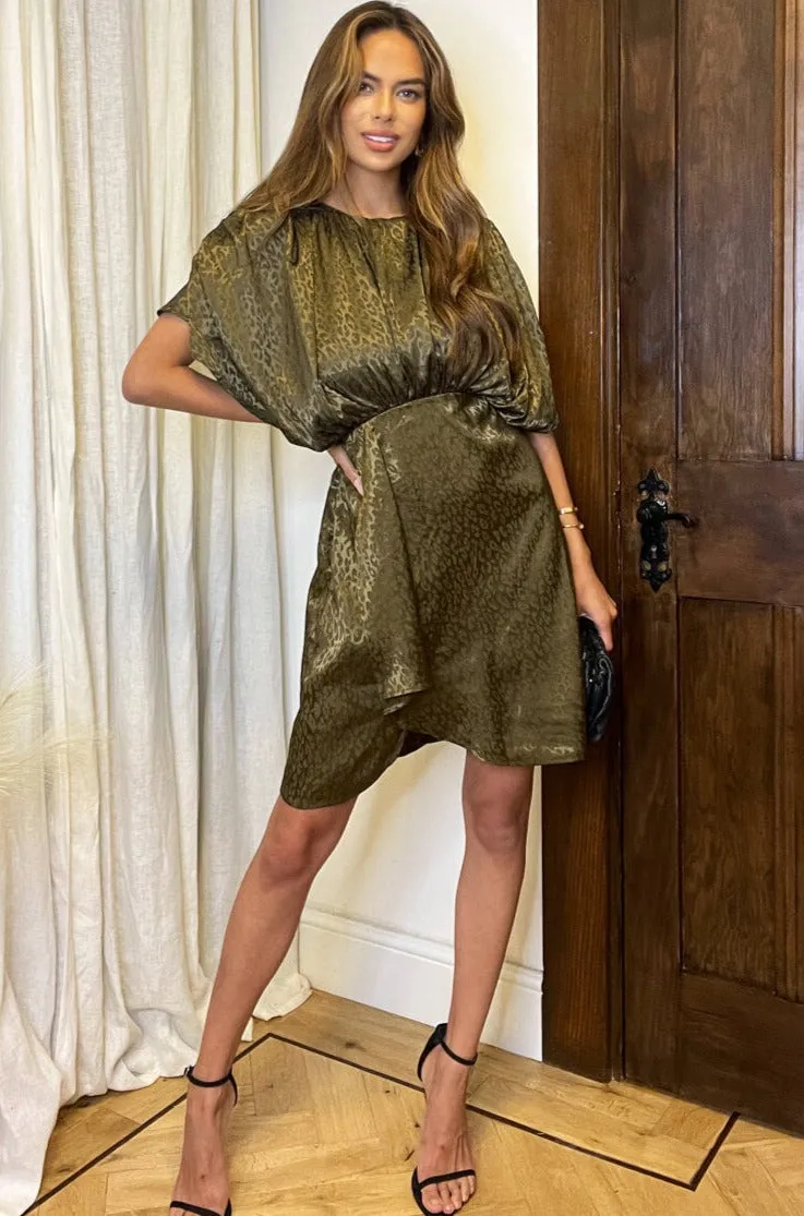 Ida Olive Satin Animal Print Dress