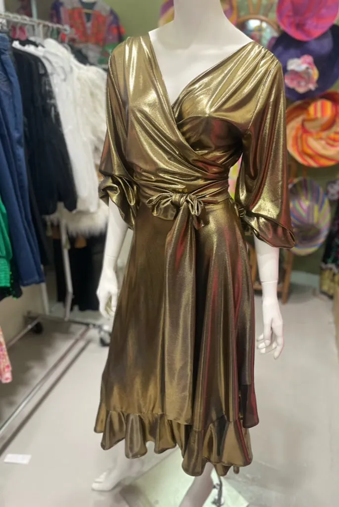 Lara Wrap Frill Dress with Long sleeves in Metallic Gold