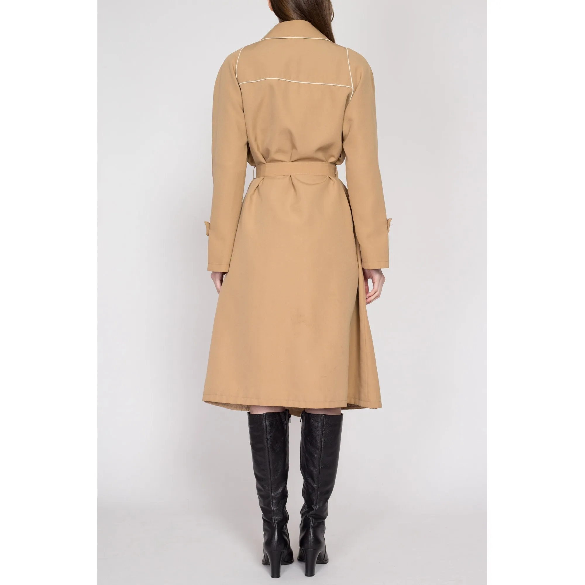 Large 80s Tan Piped Trim Belted Trench Coat