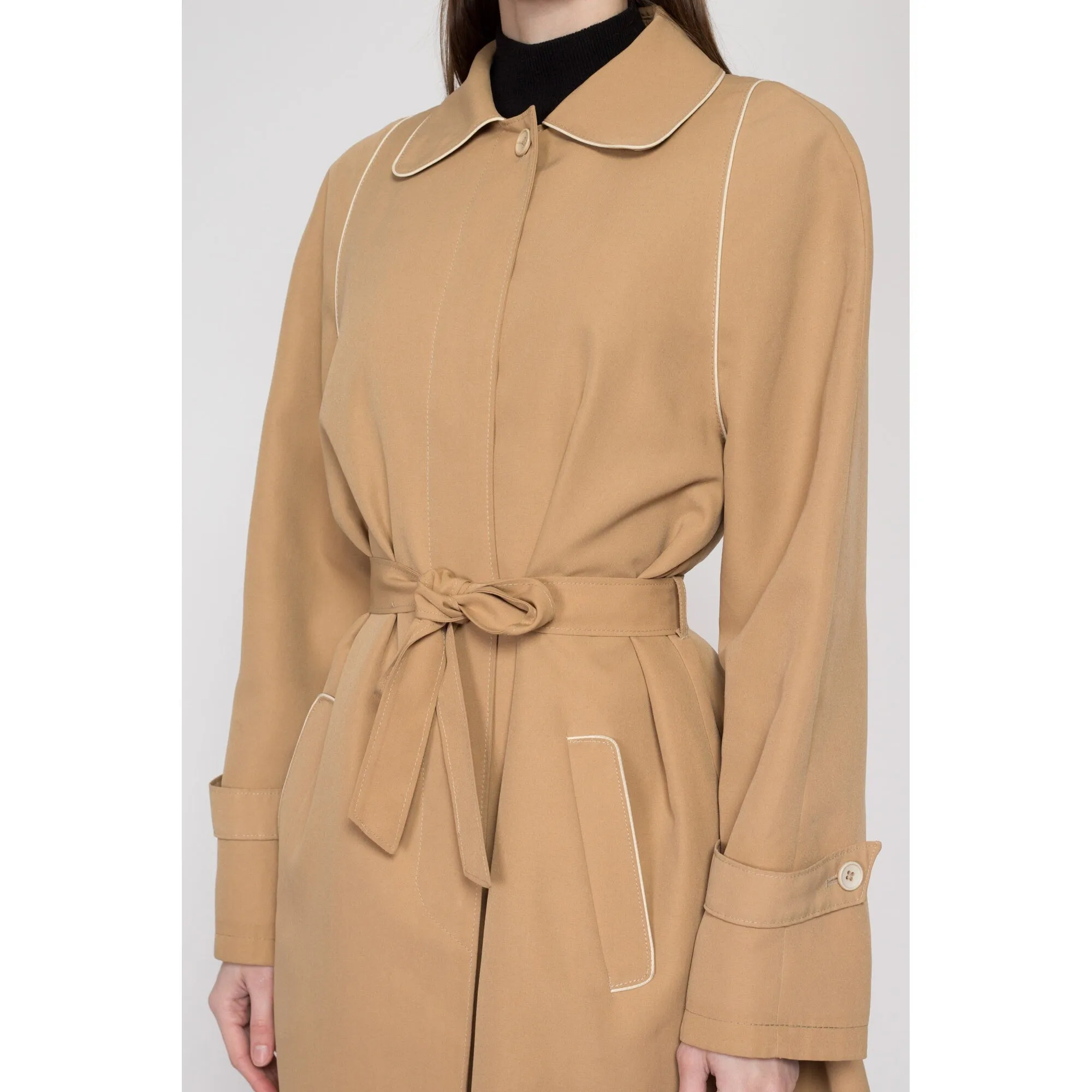 Large 80s Tan Piped Trim Belted Trench Coat