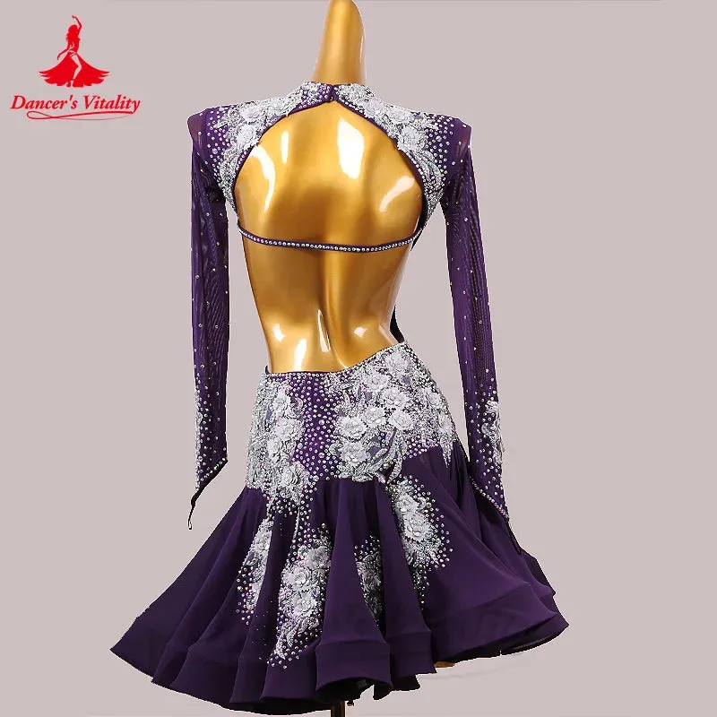 Latin Dance Dress for Women Spandex Long Sleeves Flowers Rumba Chacha Tango Performance Skirt Custom Adult Child Latin Dresses