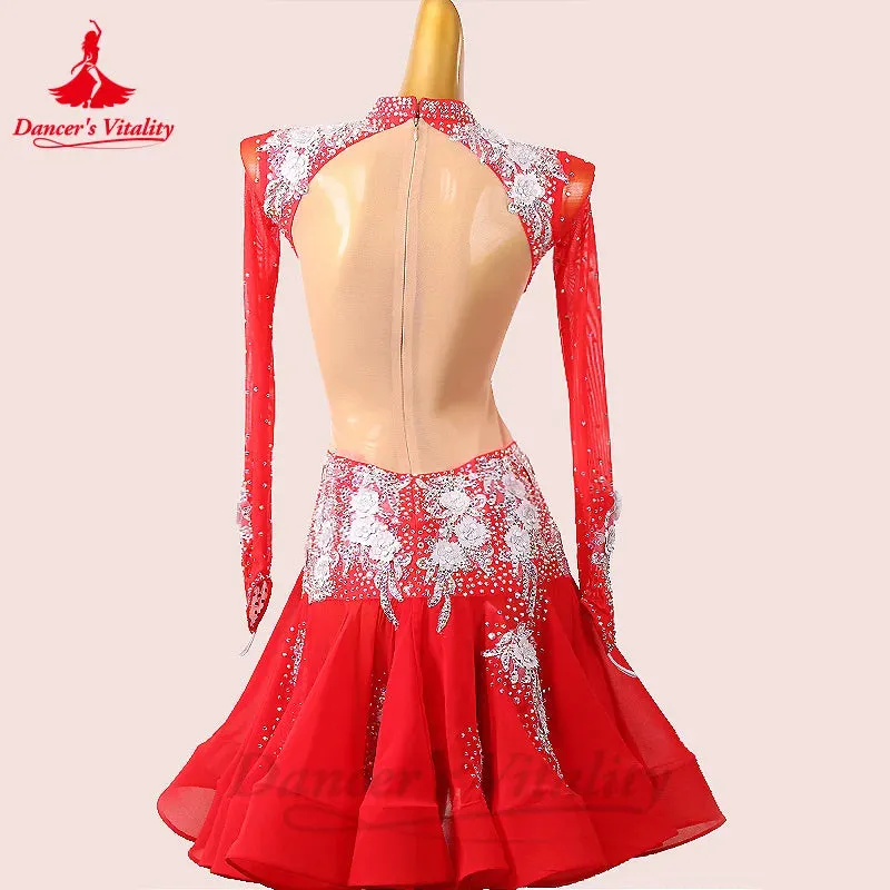 Latin Dance Dress for Women Spandex Long Sleeves Flowers Rumba Chacha Tango Performance Skirt Custom Adult Child Latin Dresses