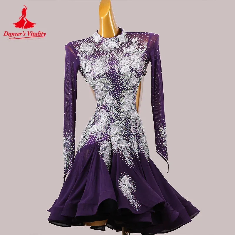 Latin Dance Dress for Women Spandex Long Sleeves Flowers Rumba Chacha Tango Performance Skirt Custom Adult Child Latin Dresses