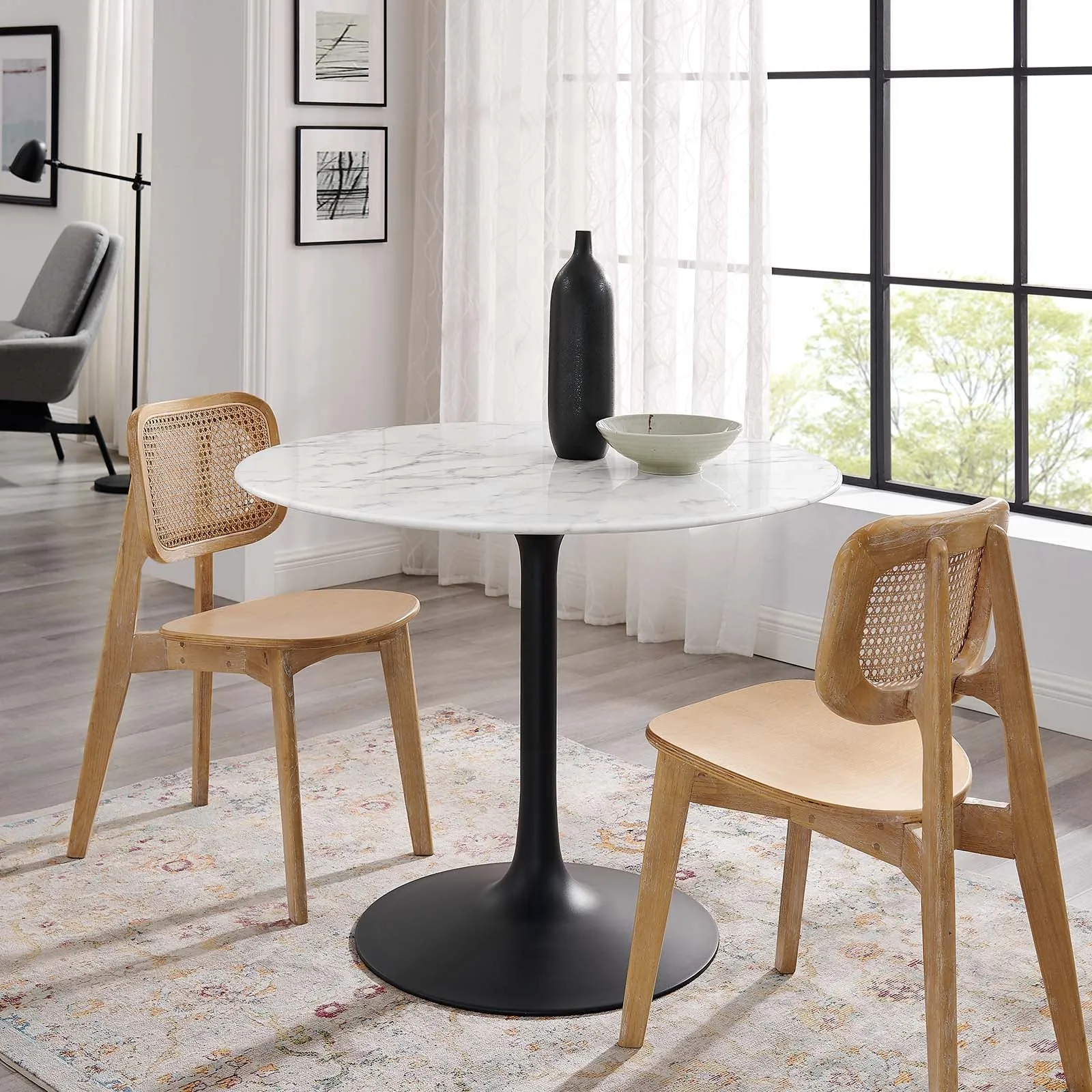 Lippa 40" Round Artificial Marble Dining Table Black White EEI-3526-BLK-WHI